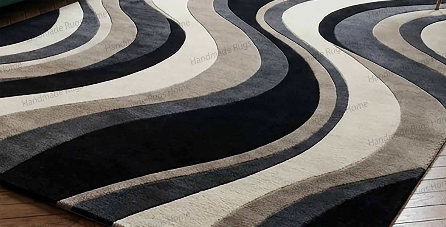 Luxury handcrafted area rug with flowing stripe motif,

Neutral dramatic rug complementing chic furniture setting