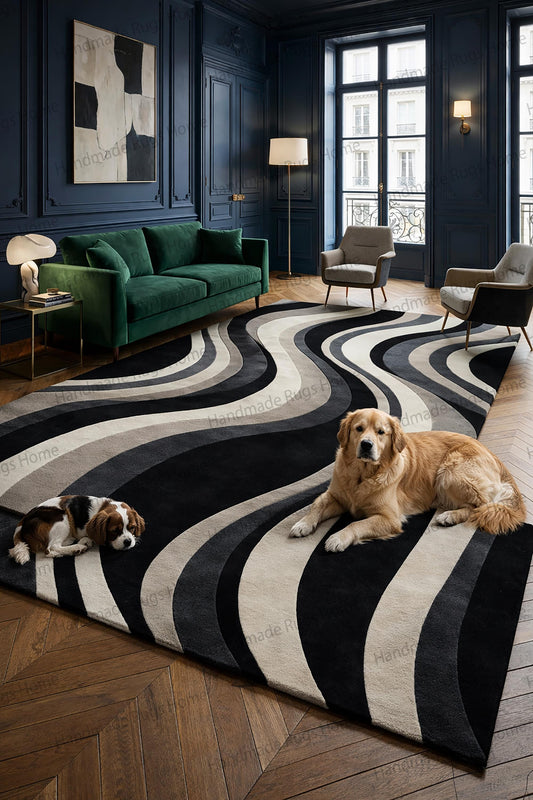 Hand tufted black gray ivory abstract wool rug in luxury living room,

Contemporary wave pattern area rug with sculpted curves,

Obsidian and ash designer carpet styled in elegant interior,

Modern monochrome wool rug on herringbone wooden flooring,

Luxury lounge featuring abstract flowing stripe floor decor