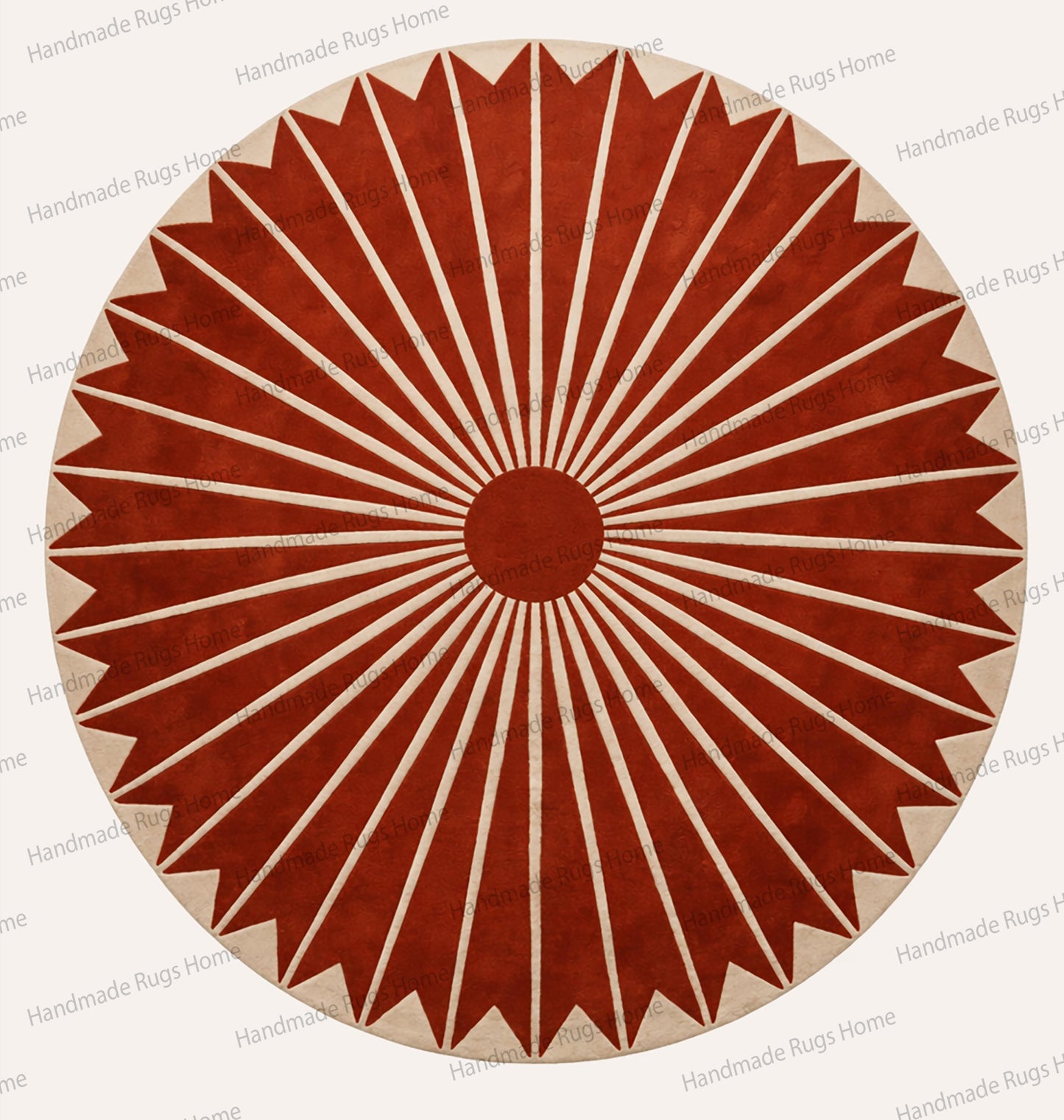 Luxurious circular terracotta rug with radiating geometric rays in a modern living room,

Close-up of plush New Zealand wool fibers in a rust-colored sun-inspired design.