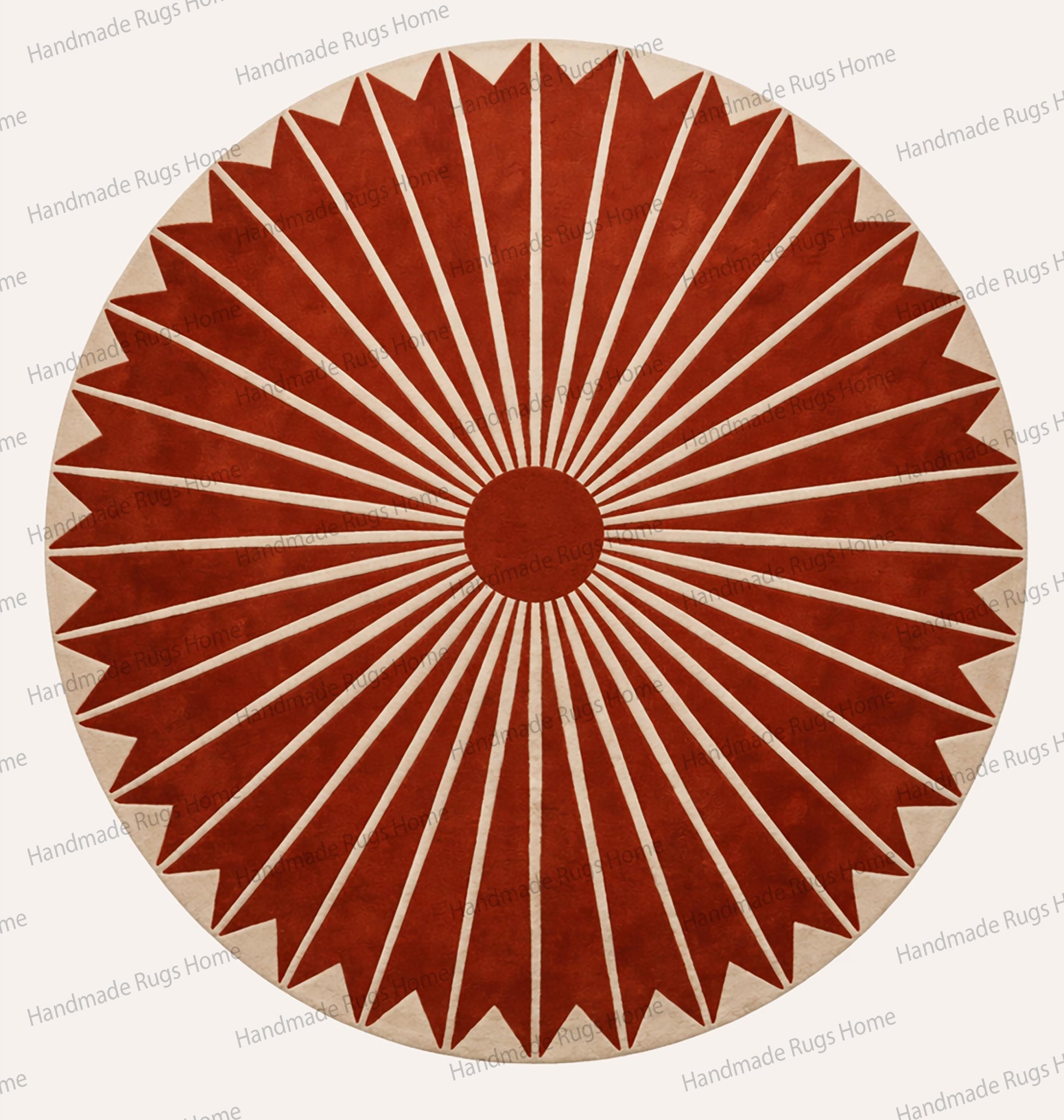 Luxurious circular terracotta rug with radiating geometric rays in a modern living room,

Close-up of plush New Zealand wool fibers in a rust-colored sun-inspired design.