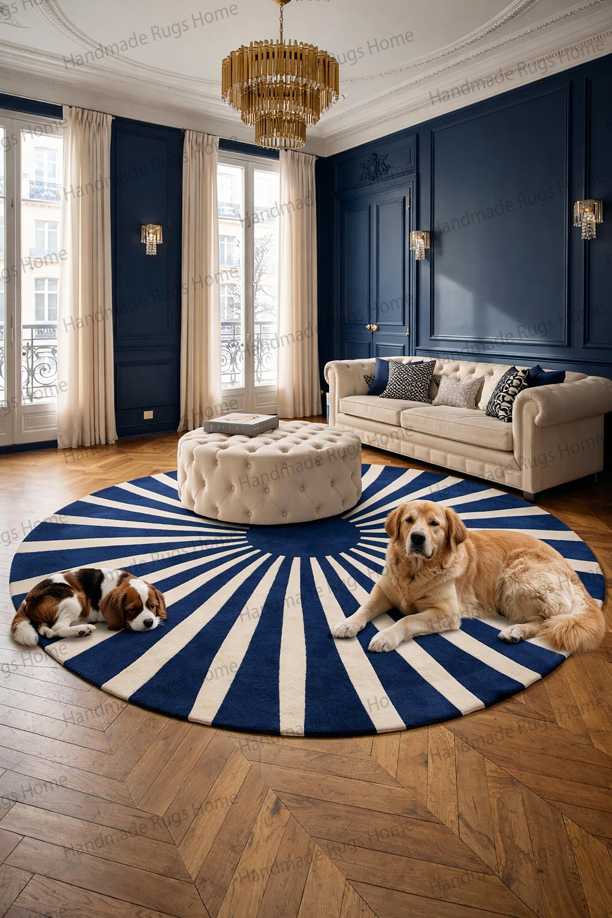 Contemporary blue cream rug for refined interiors,

High density wool circle rug in modern lounge