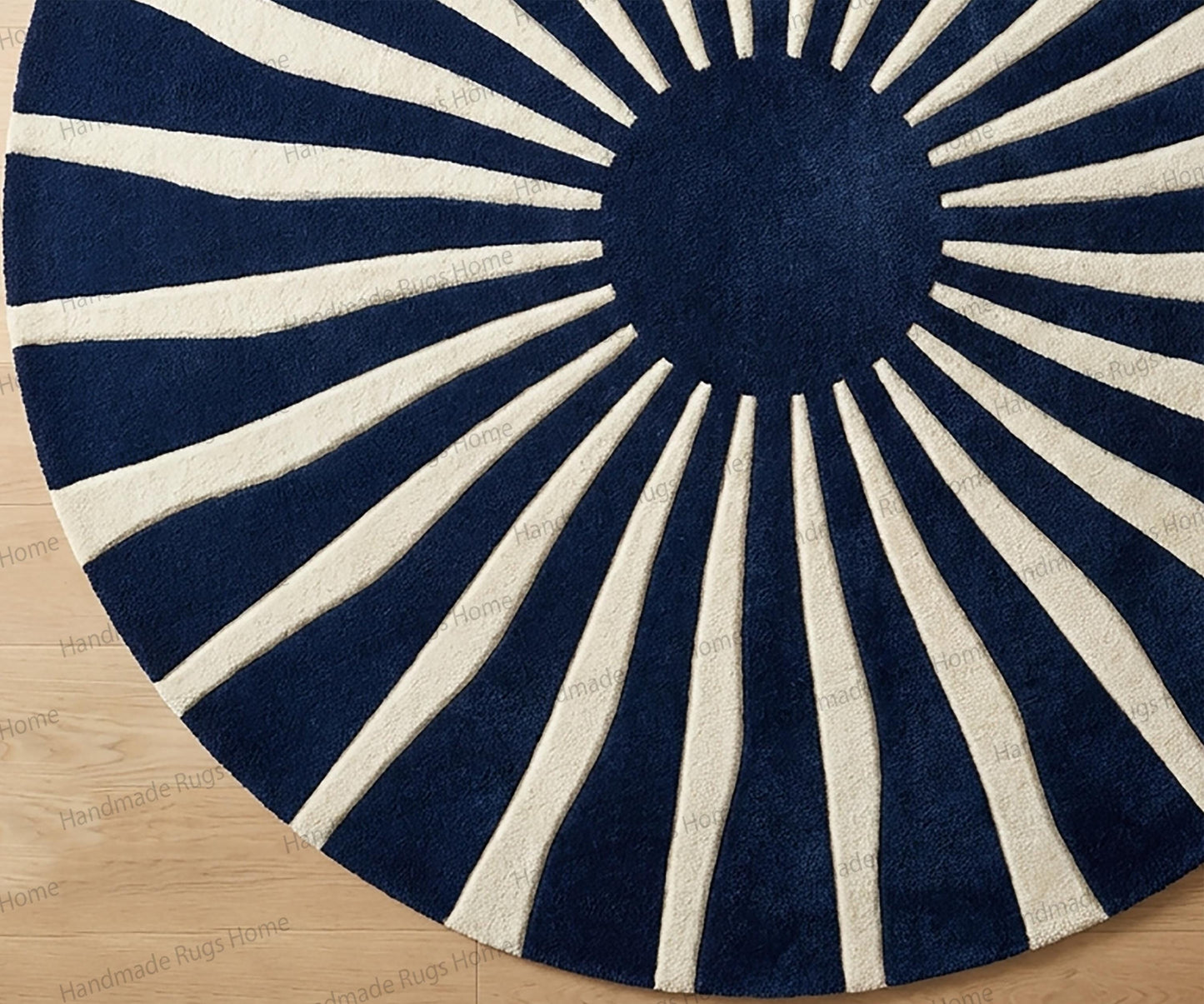 Modern art deco inspired navy circle rug,

Premium wool radial patterned carpet centerpiece,

Blue and cream designer rug complementing neutral sofa,

Sophisticated round area rug for upscale décor,

Plush hand tufted circular rug with striking symmetry,

Navy porcelain sun inspired floor accent