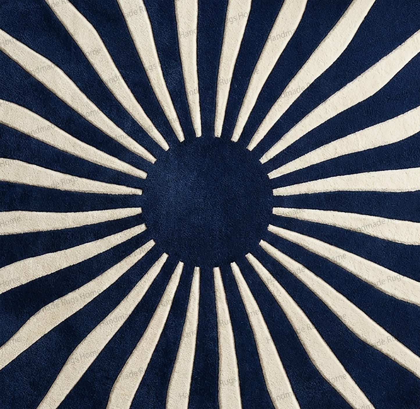 Contemporary circular wool rug with geometric rays,

Luxury living room featuring bold blue statement carpet,

Handcrafted sunburst rug with plush dense texture,

Elegant round floor covering in sapphire and ivory tones