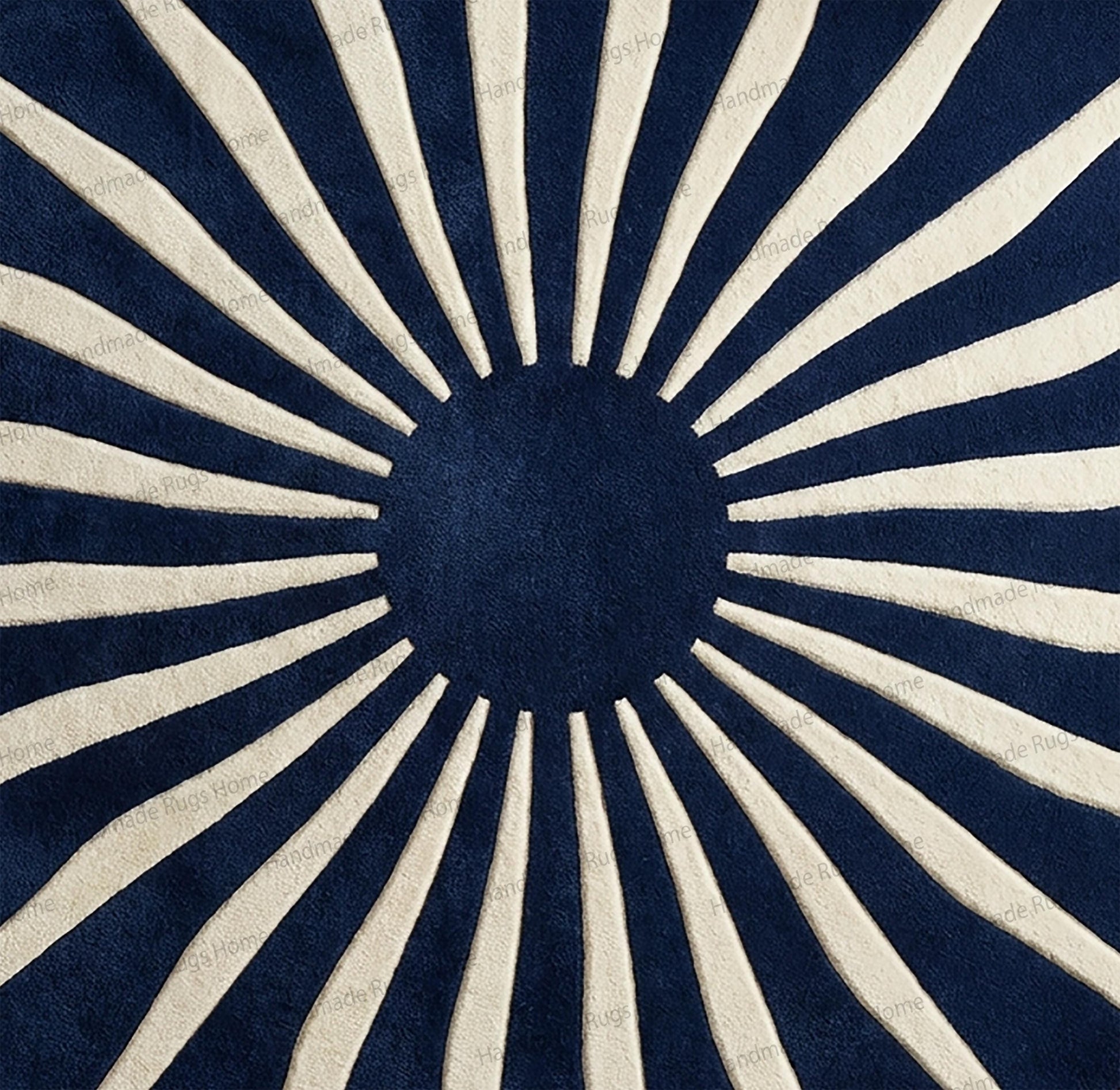 Contemporary circular wool rug with geometric rays,

Luxury living room featuring bold blue statement carpet,

Handcrafted sunburst rug with plush dense texture,

Elegant round floor covering in sapphire and ivory tones