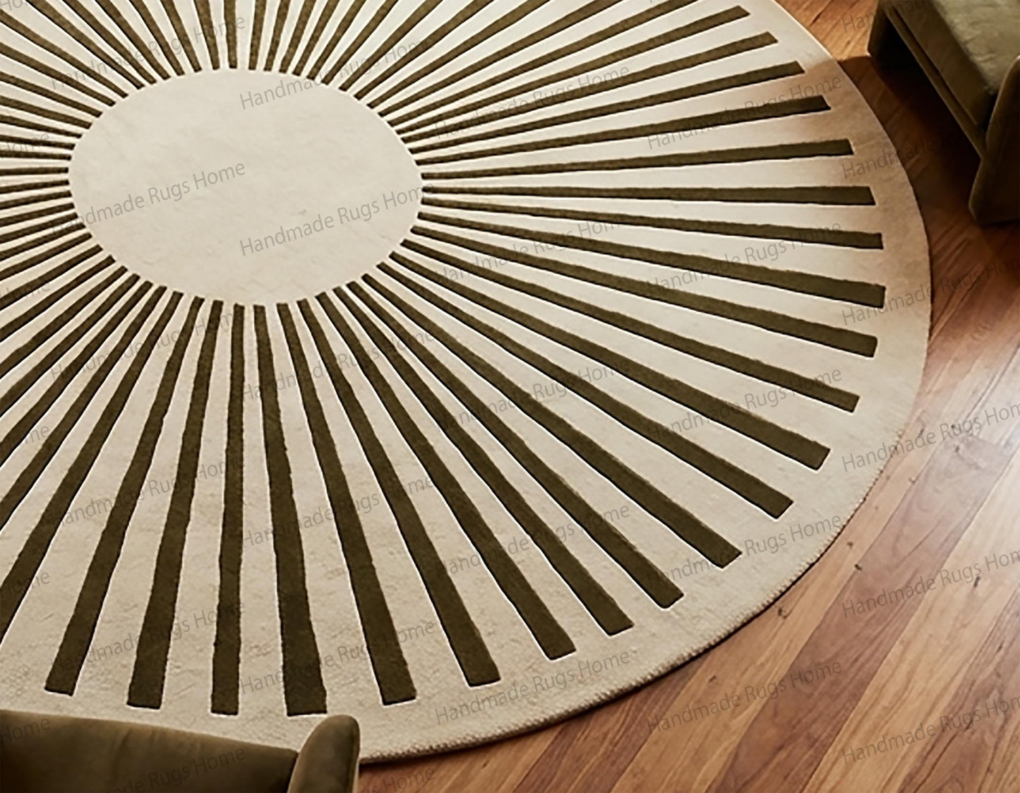 Contemporary wool rug ideal for seating arrangement,

Refined round carpet enhancing neutral décor