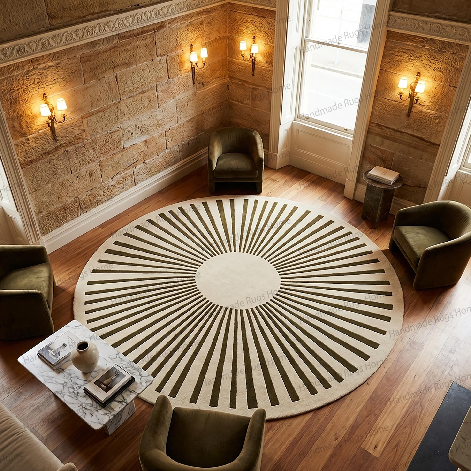 Round moss olive and cream sunburst hand tufted wool rug,

Luxury circular area rug with radial green stripe pattern,

Modern olive green cream wool carpet on white background,

Designer round rug with symmetrical sunray motif,

Contemporary circle floor covering in earthy tones,

Premium hand tufted wool rug with plush surface,

Elegant round statement carpet for upscale interiors,

Moss green ivory area rug with bold geometric rays,

Artistic radial patterned wool rug centerpiece