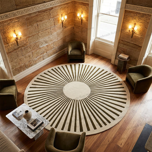 Round moss olive and cream sunburst hand tufted wool rug,

Luxury circular area rug with radial green stripe pattern,

Modern olive green cream wool carpet on white background,

Designer round rug with symmetrical sunray motif,

Contemporary circle floor covering in earthy tones,

Premium hand tufted wool rug with plush surface,

Elegant round statement carpet for upscale interiors,

Moss green ivory area rug with bold geometric rays,

Artistic radial patterned wool rug centerpiece