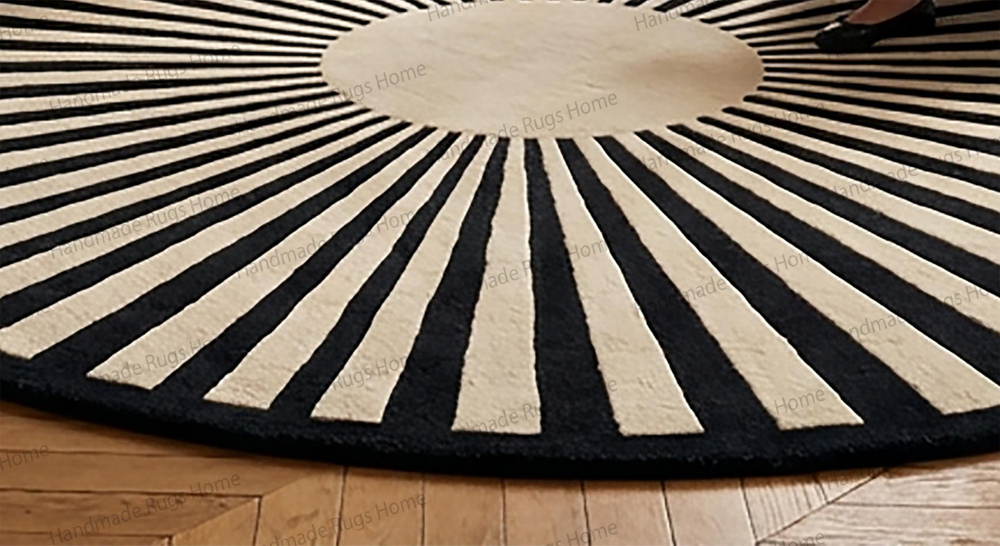 Contemporary circle floor covering in earthy tones,

Premium hand tufted wool rug with plush surface,

Elegant round statement carpet for upscale interiors,

Area rug with bold geometric rays
