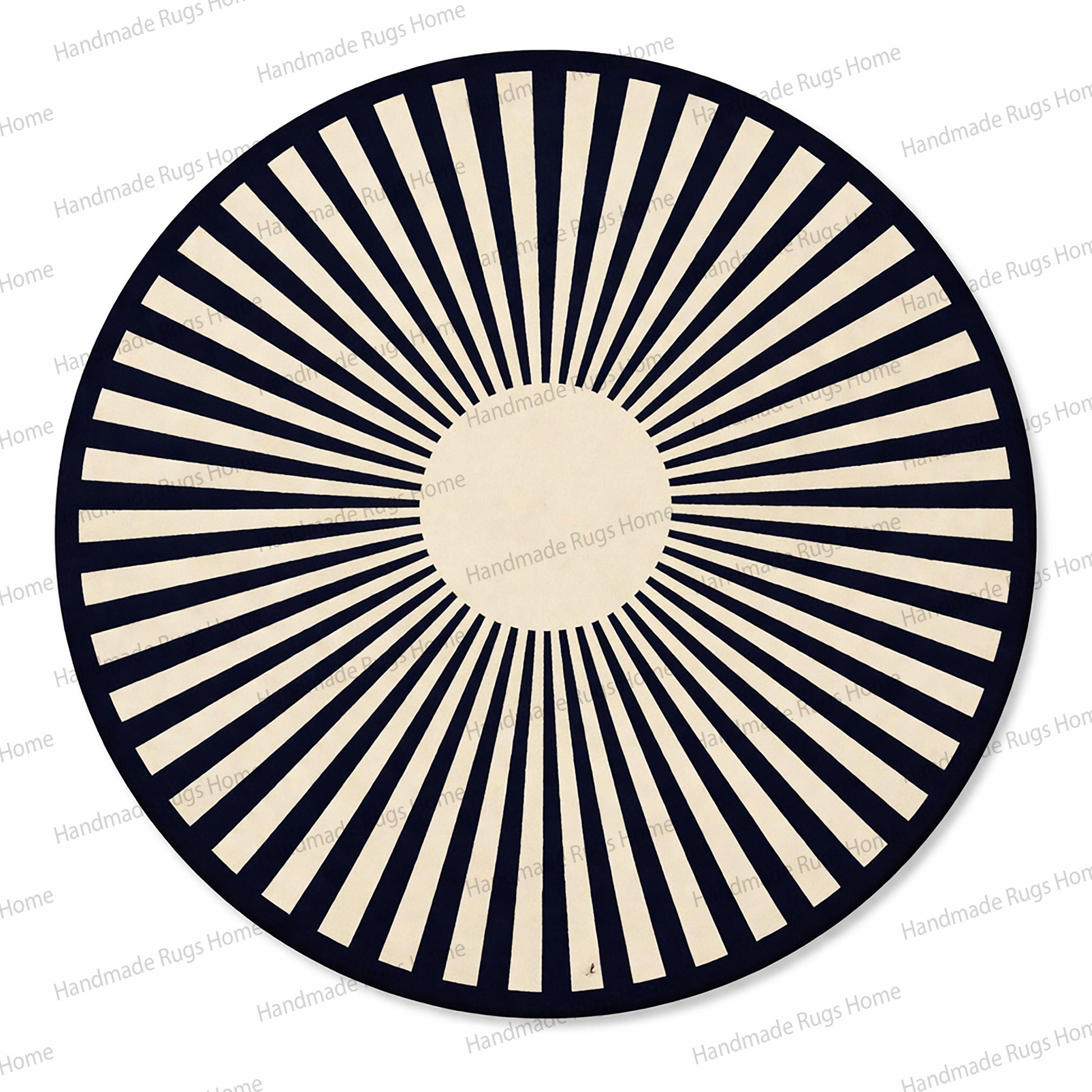 Elegant round floor covering in sapphire and white tones,

Modern art deco inspired navy circle rug,

Premium wool radial patterned carpet centerpiece