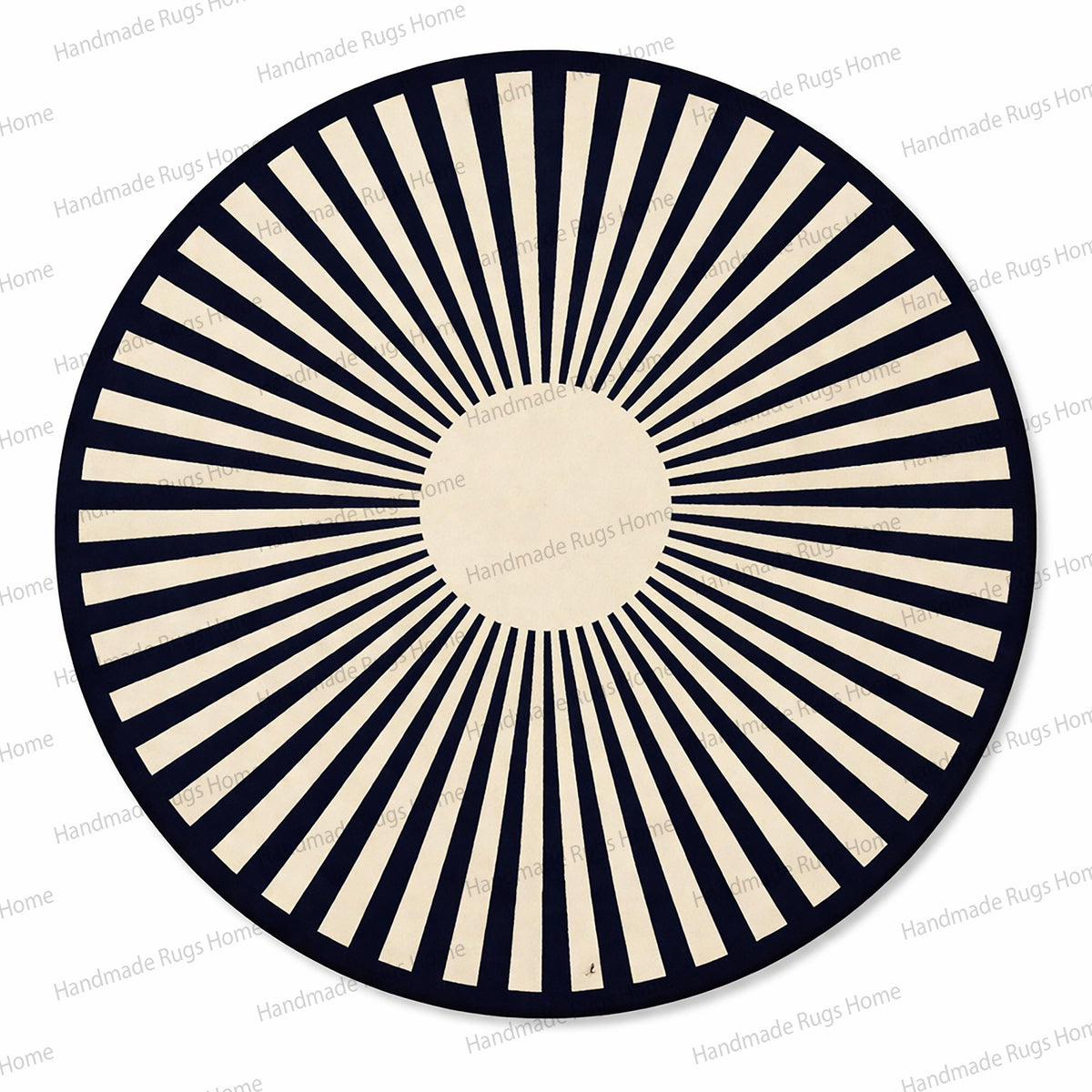 Elegant round floor covering in sapphire and white tones,

Modern art deco inspired navy circle rug,

Premium wool radial patterned carpet centerpiece