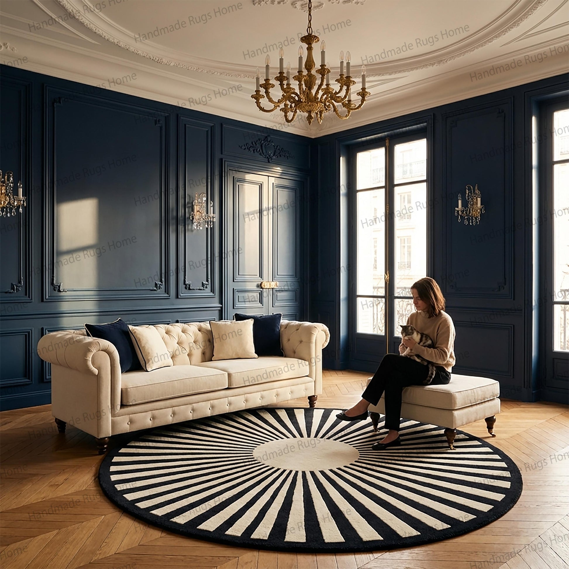 Contemporary black white rug for refined interiors,

High density wool circle rug in modern lounge