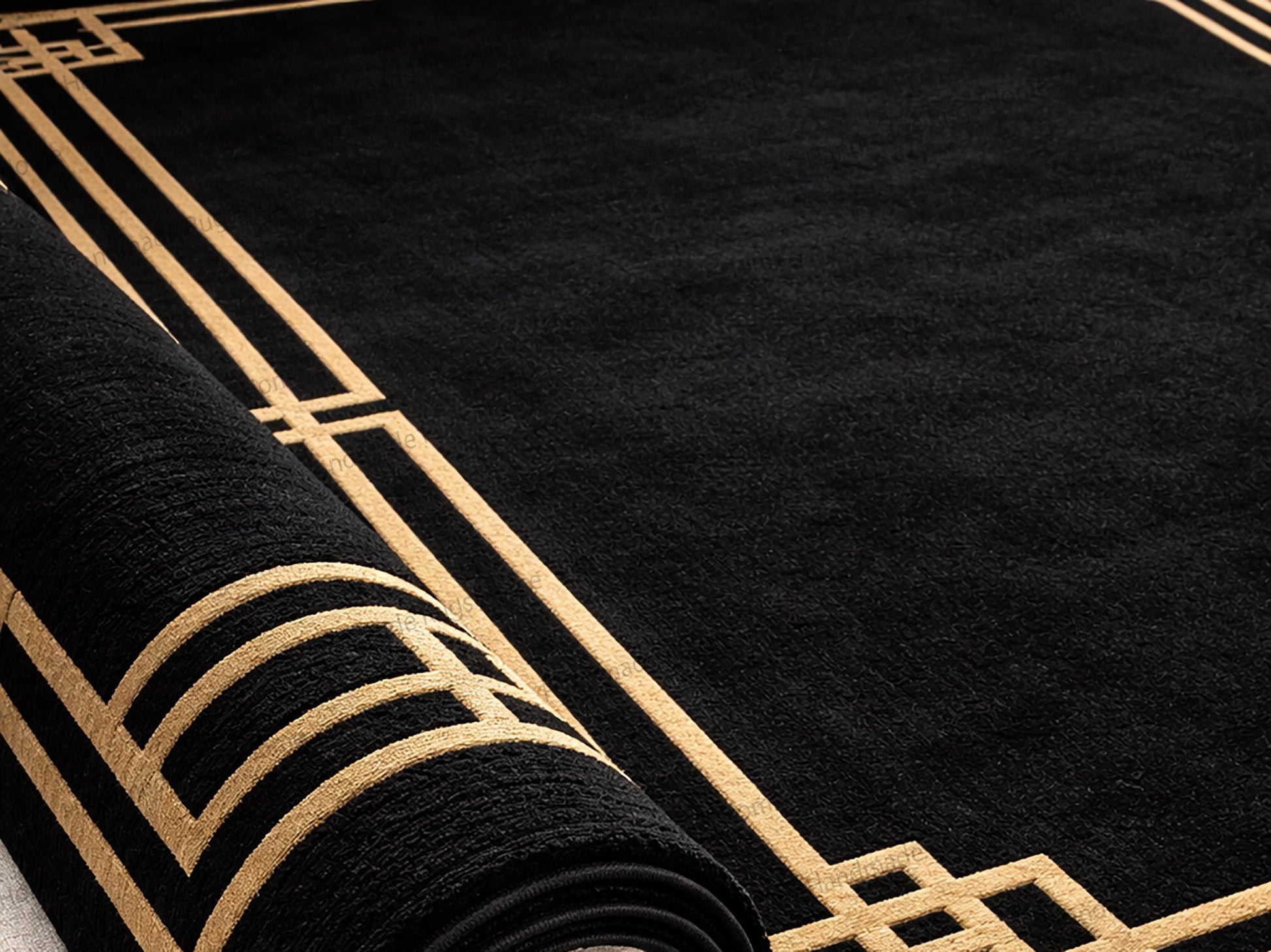 Sophisticated dark floor covering with bold frame design,

Modern rectangular black wool rug with decorative edges,

High end living room rug in black and antique gold,

Designer hand tufted wool area rug for luxury home décor