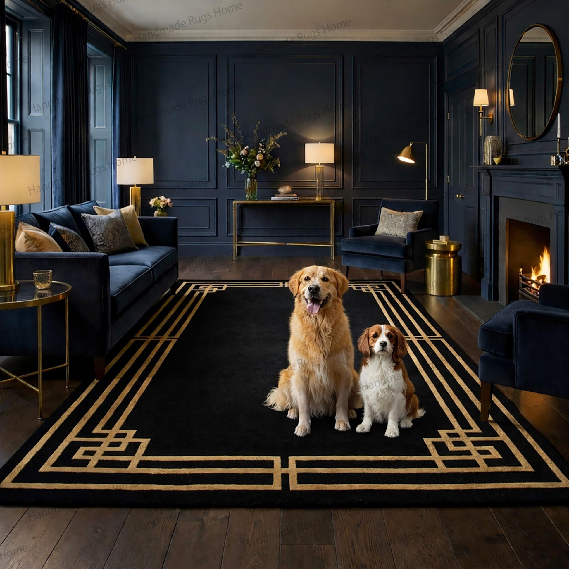 Luxury black wool rug, gold border area rug, Art Deco carpet, hand tufted geometric rug, modern statement floor covering, designer living room rug, Greek key pattern carpet, premium wool home décor, contemporary interior rug, elegant black and gold area rug.