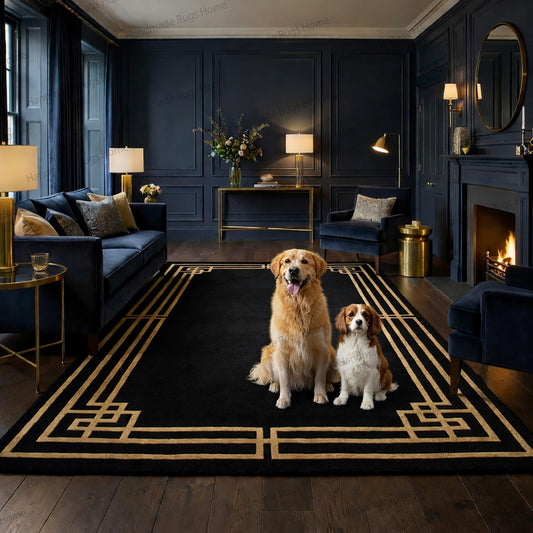 Luxury black wool rug, gold border area rug, Art Deco carpet, hand tufted geometric rug, modern statement floor covering, designer living room rug, Greek key pattern carpet, premium wool home décor, contemporary interior rug, elegant black and gold area rug.