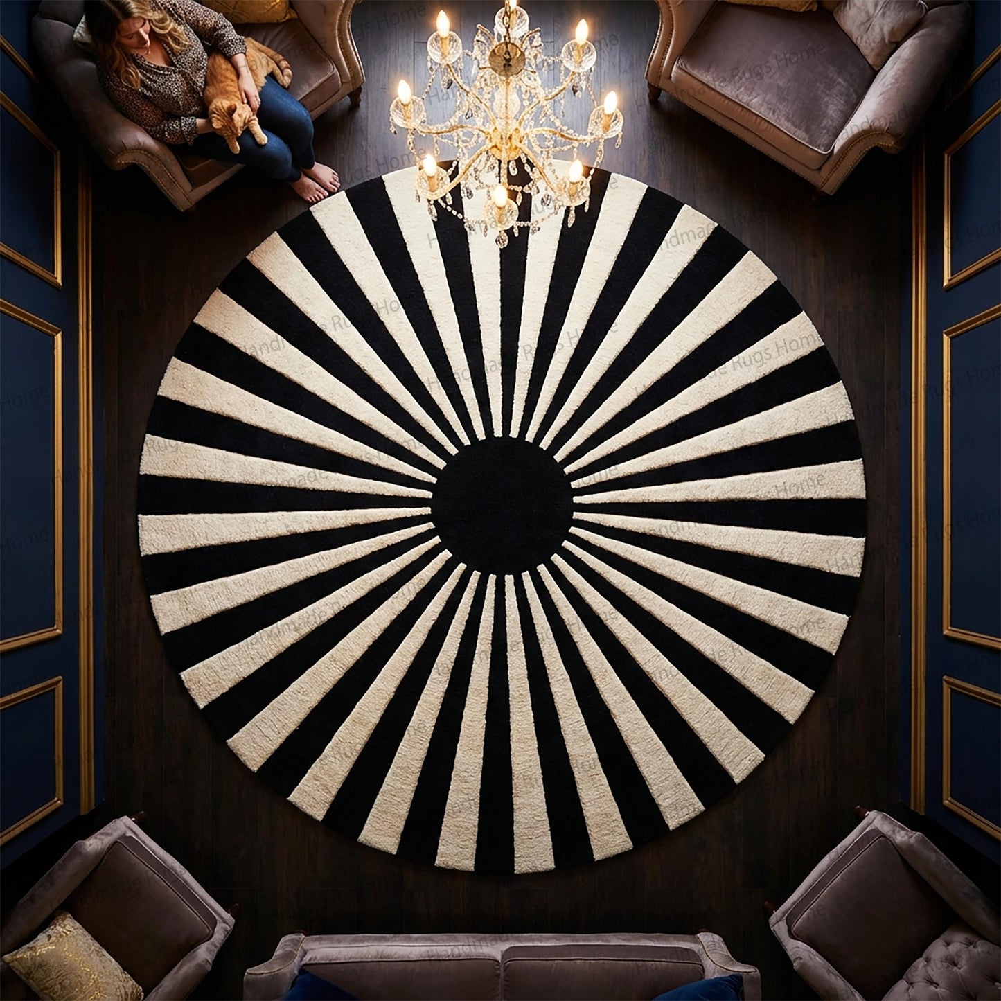 Hand-Tufted Wool Round Rug, Modern Sunburst Design