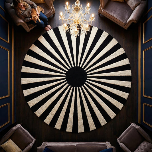 Hand-Tufted Wool Round Rug, Modern Sunburst Design