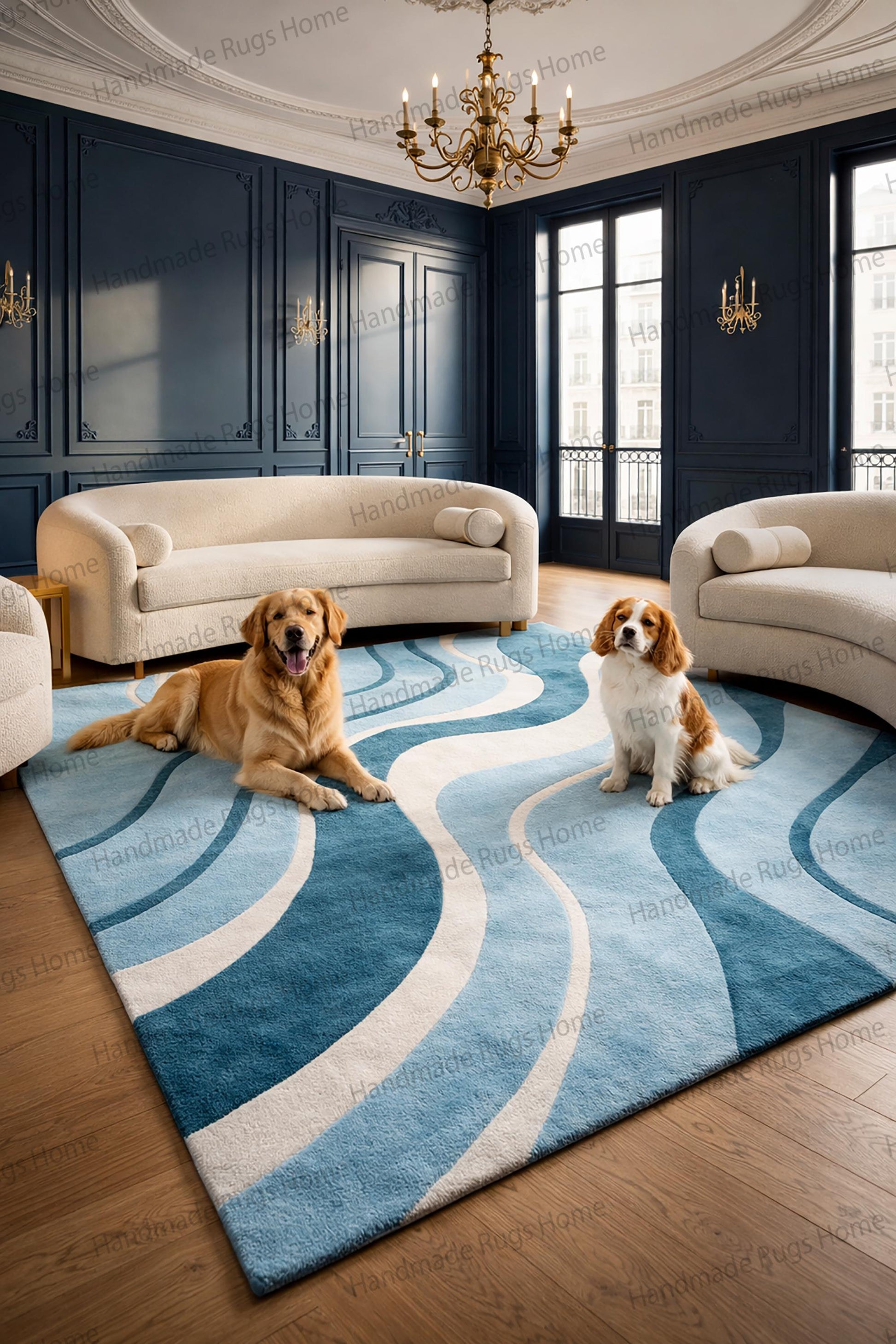 Hand tufted blue and teal wool rug with abstract wave design,

Modern luxury area rug in aqua and ivory tones,

Contemporary wool carpet for upscale living room,

Soft plush handmade abstract floor rug