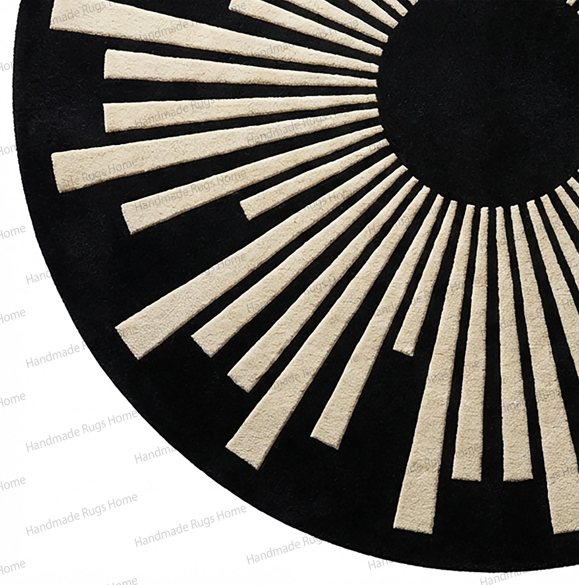 Modern luxury interior round rug styling,

Thick textured black ivory wool carpet,

Sophisticated geometric circular rug
