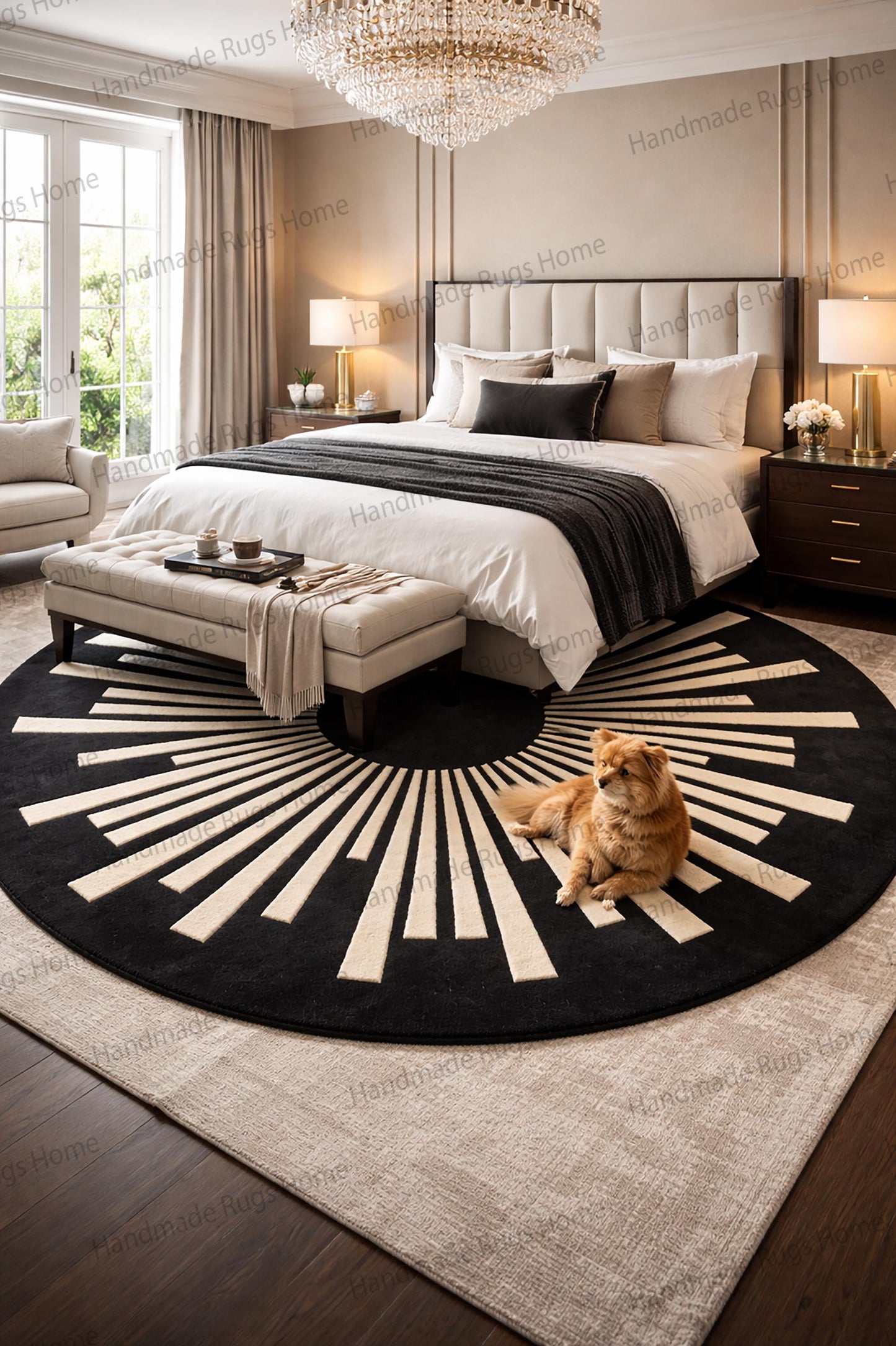 Round black and ivory sunburst hand tufted wool rug,

Luxury midnight black circular geometric carpet,

Modern ivory ray design wool area rug,

Contemporary round bedroom statement rug,

Art deco inspired sunburst floor covering