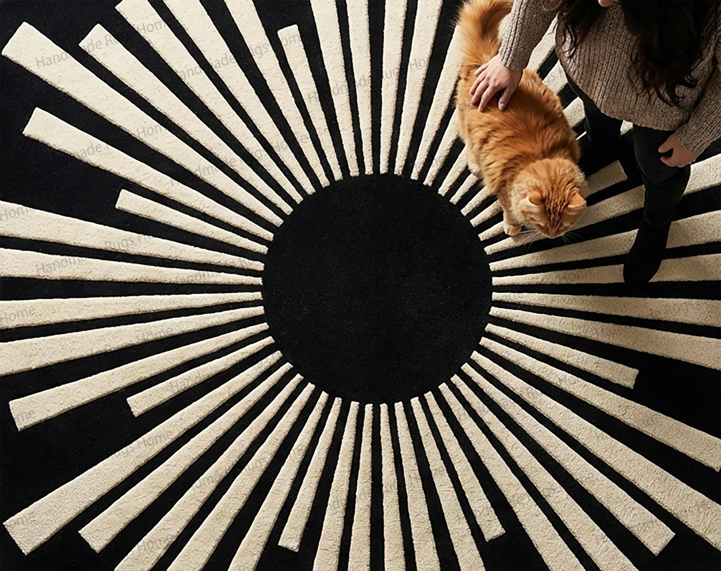 Boutique style round wool carpet,

Handmade artisan crafted sun pattern rug,

Statement round wool rug for queen bedroom,

Bold monochrome contemporary area rug,

Elegant radial design plush carpet