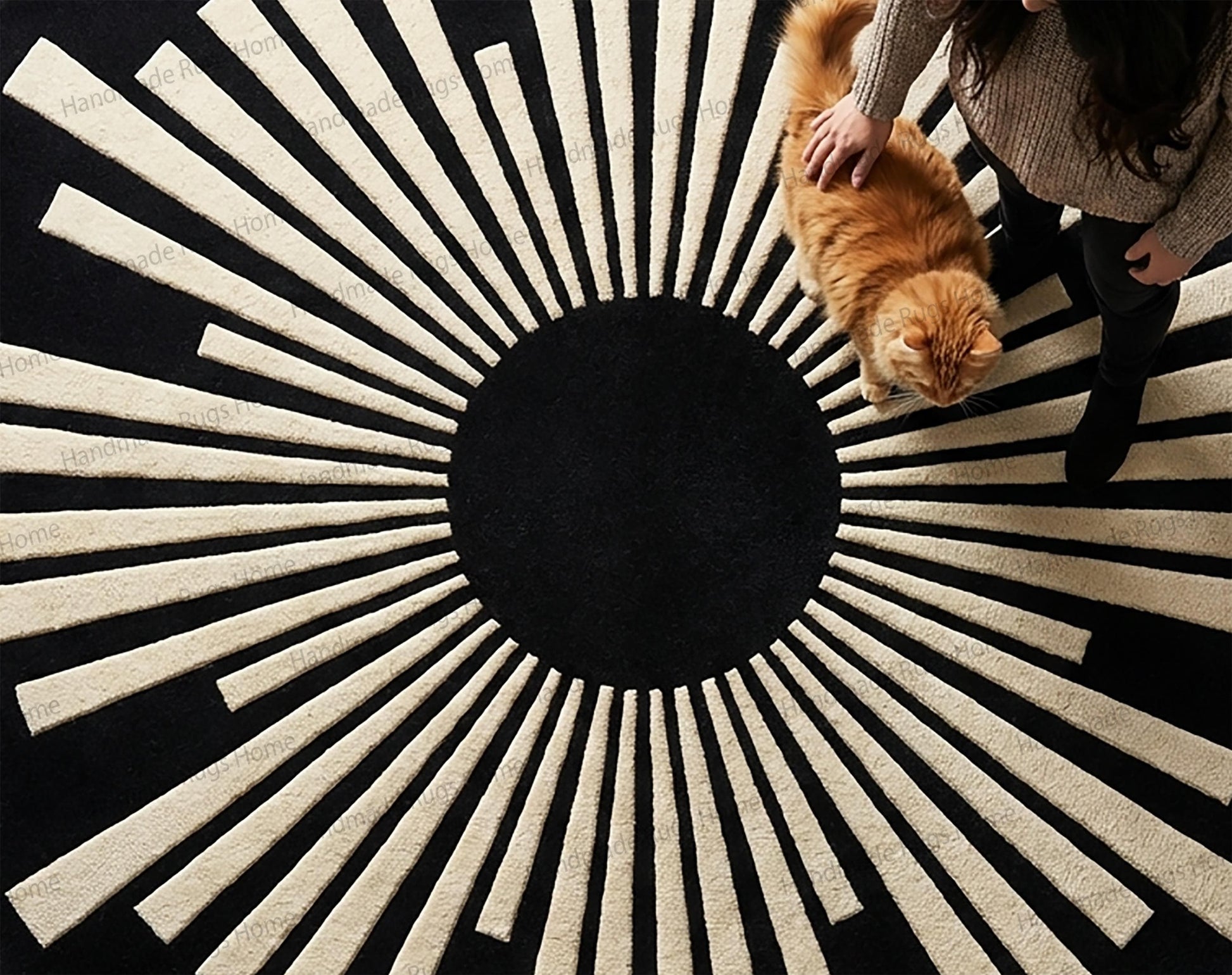 Boutique style round wool carpet,

Handmade artisan crafted sun pattern rug,

Statement round wool rug for queen bedroom,

Bold monochrome contemporary area rug,

Elegant radial design plush carpet