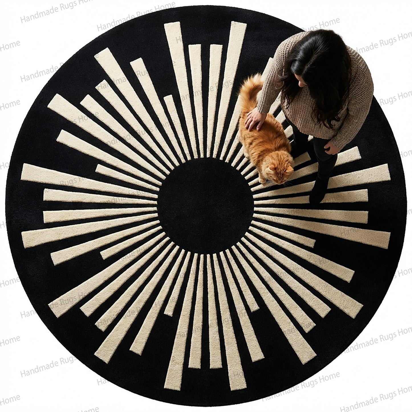 Premium handmade black cream wool rug,

Elegant circular luxury living room carpet,

Designer wool rug with radiant pattern,

High end modern round area rug décor,

Soft plush black ivory geometric rug,

Minimalist luxury home floor centerpiece