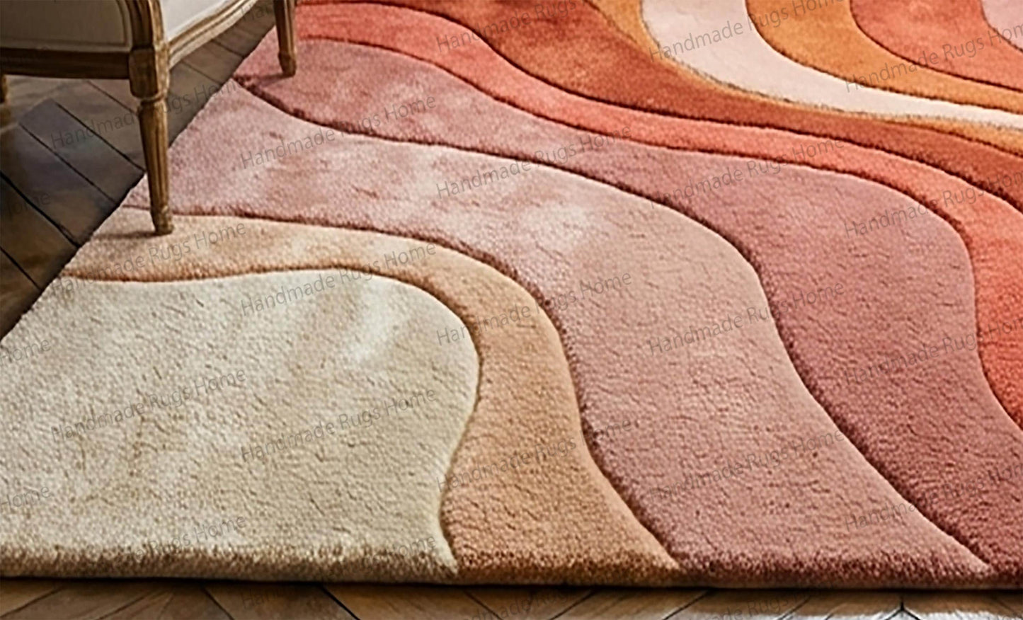 Coral and sand colored sculpted wool floor covering,

Modern luxury living room rug with organic curves,

Custom size handmade wool designer rug,

Elegant peach and sienna area rug centerpiece