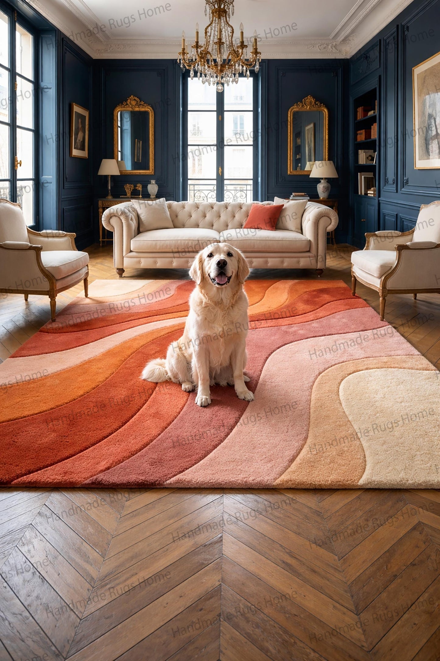 Luxury terracotta hand tufted wool rug with wavy abstract design,

Modern sunset inspired area rug in coral and cream tones,

Contemporary sculpted wool carpet for elegant living room