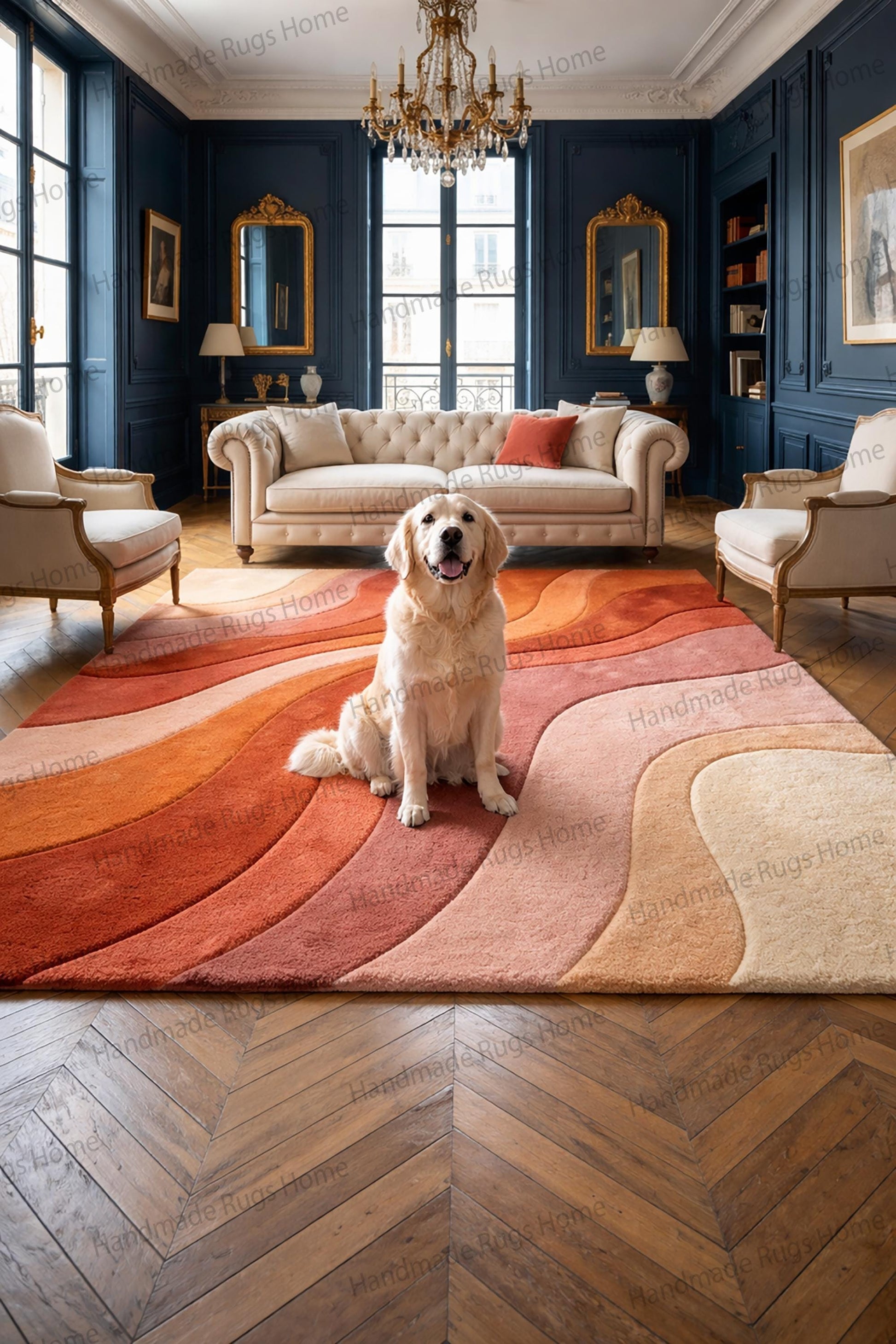Luxury terracotta hand tufted wool rug with wavy abstract design,

Modern sunset inspired area rug in coral and cream tones,

Contemporary sculpted wool carpet for elegant living room