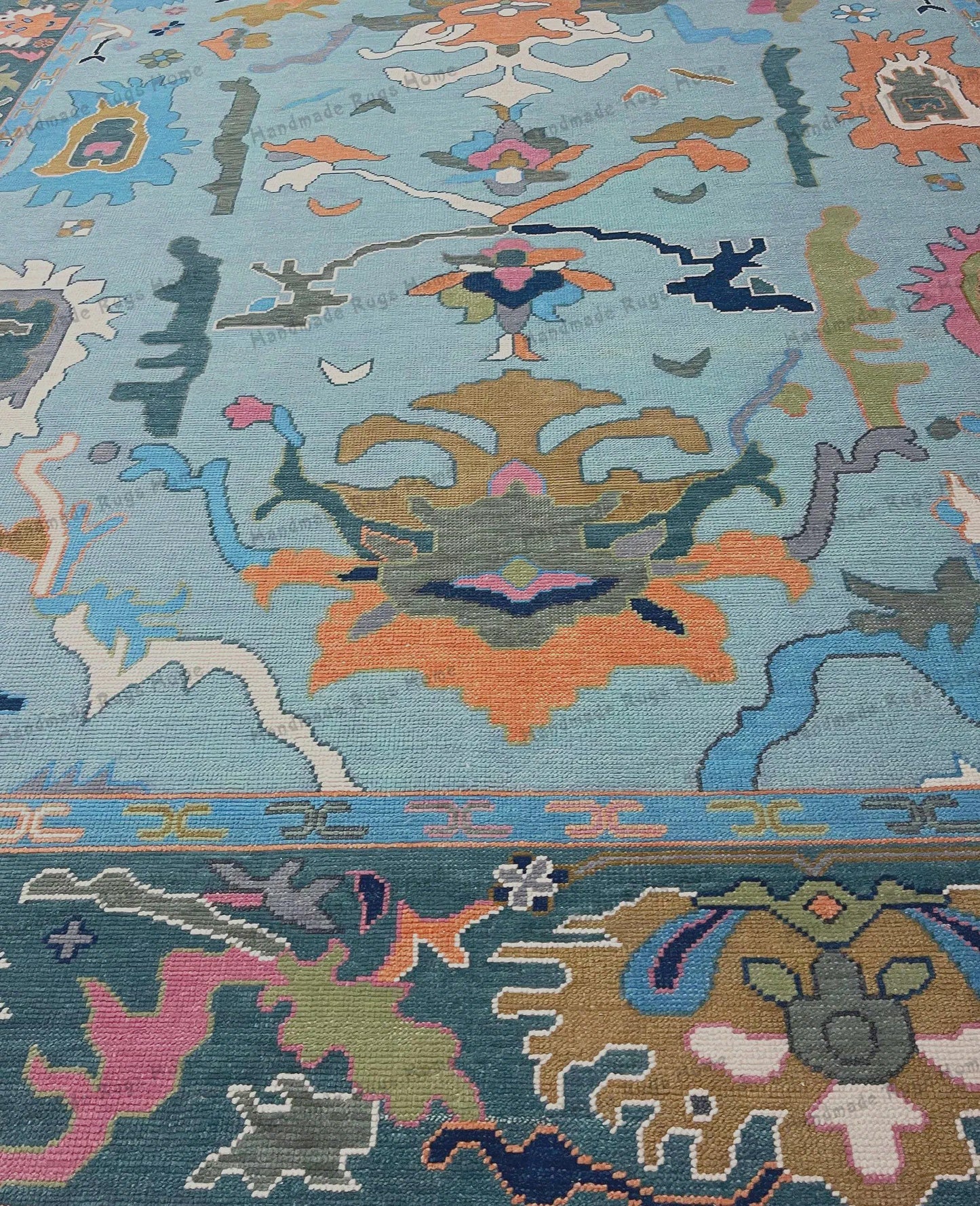 Teal Hand-Knotted Wool Rug: Turkish Style Oushak, Vintage-Inspired