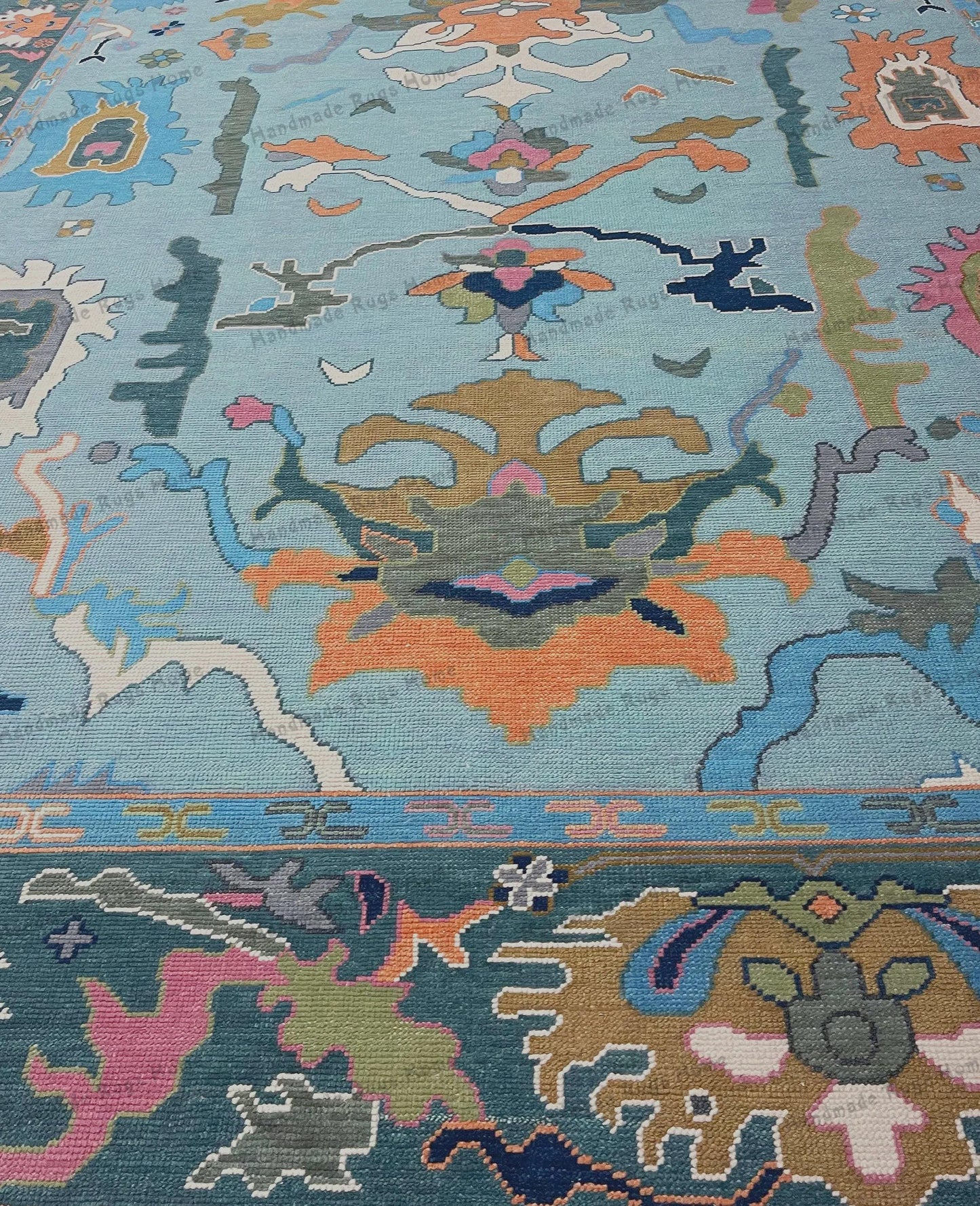 Teal Hand-Knotted Wool Rug: Turkish Style Oushak, Vintage-Inspired