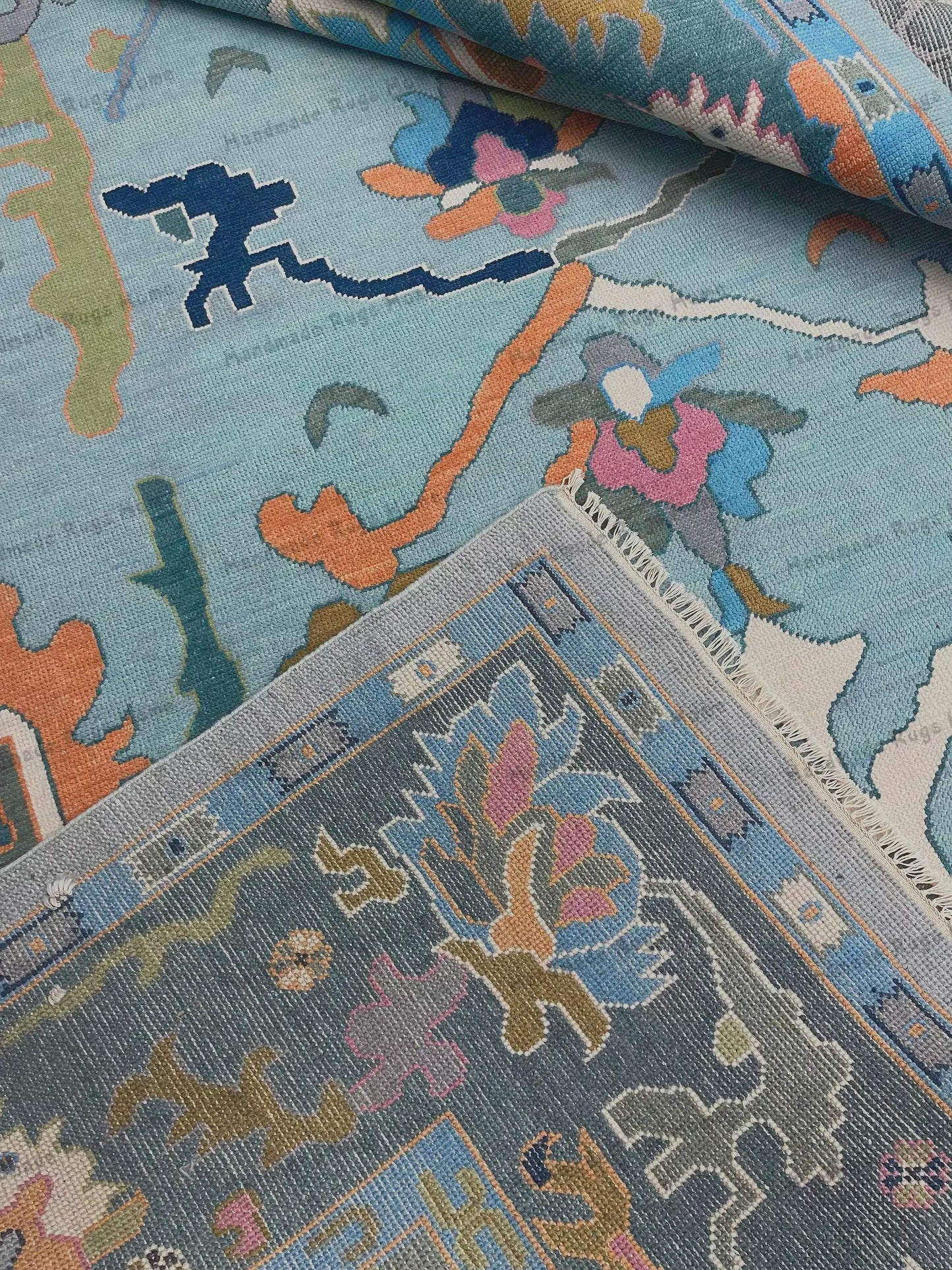 Teal Hand-Knotted Wool Rug: Turkish Style Oushak, Vintage-Inspired
