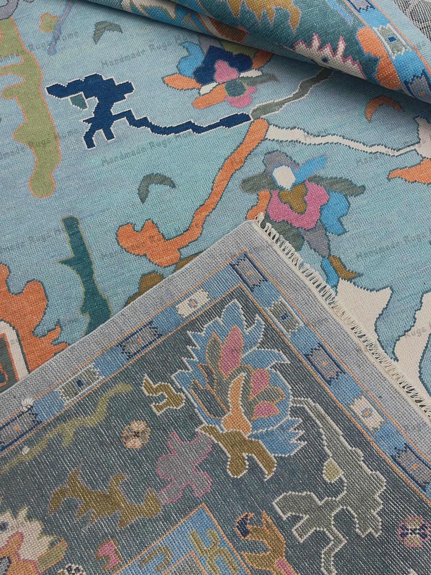 Teal Hand-Knotted Wool Rug: Turkish Style Oushak, Vintage-Inspired