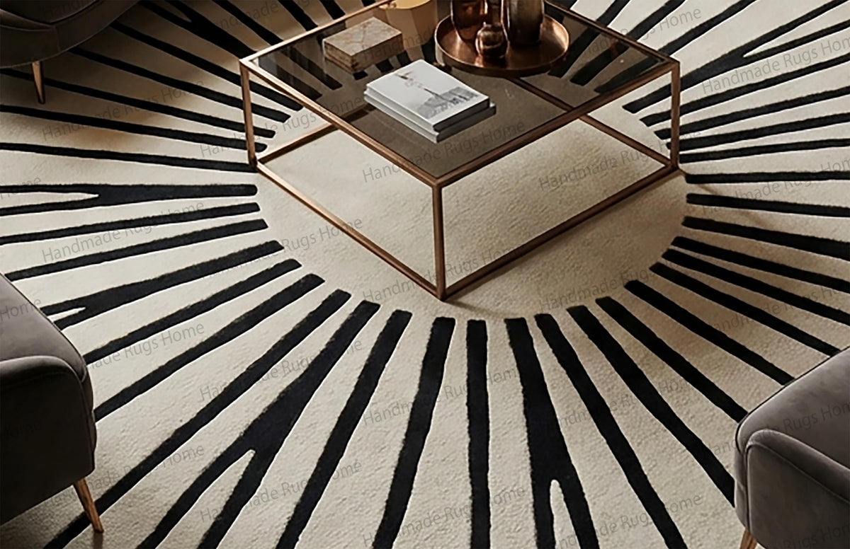 Midnightsunburst Round Wool Area Rug, Hand Tufted Rug