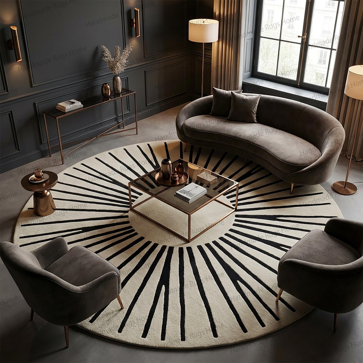 Midnightsunburst Round Wool Area Rug, Hand Tufted Rug