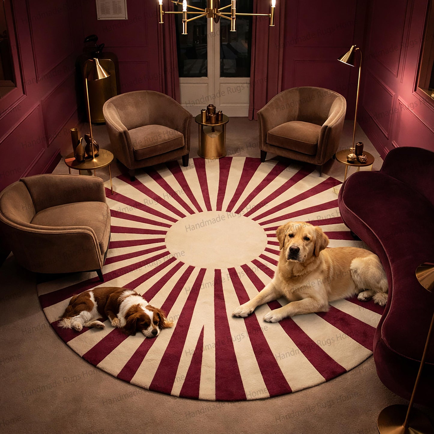 Hand Tufted Wool Sunburst Rug, Burnt Terracotta Circular Carpet