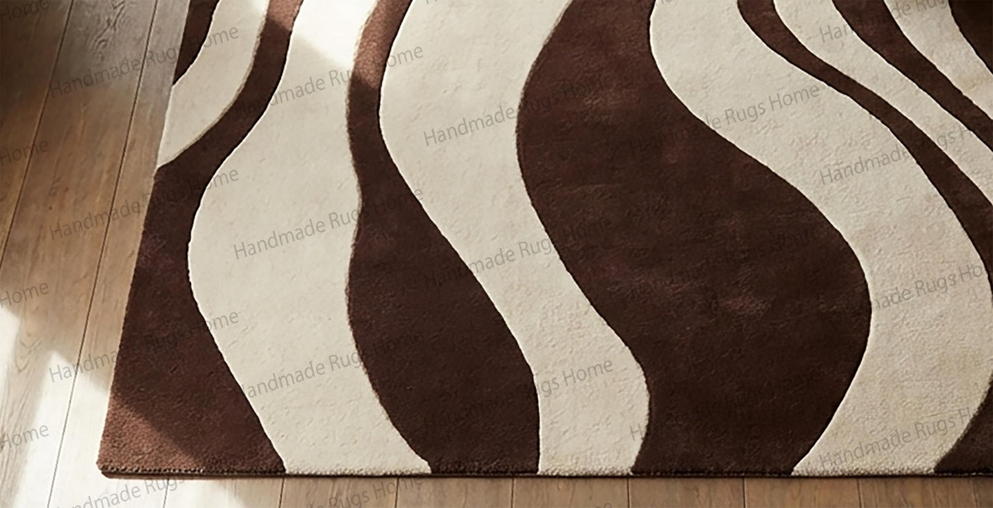 Luxury living room decor featuring abstract hand tufted rug,

Soft plush wool rug with sculpted wave design,

Neutral modern home styling with artistic floor covering