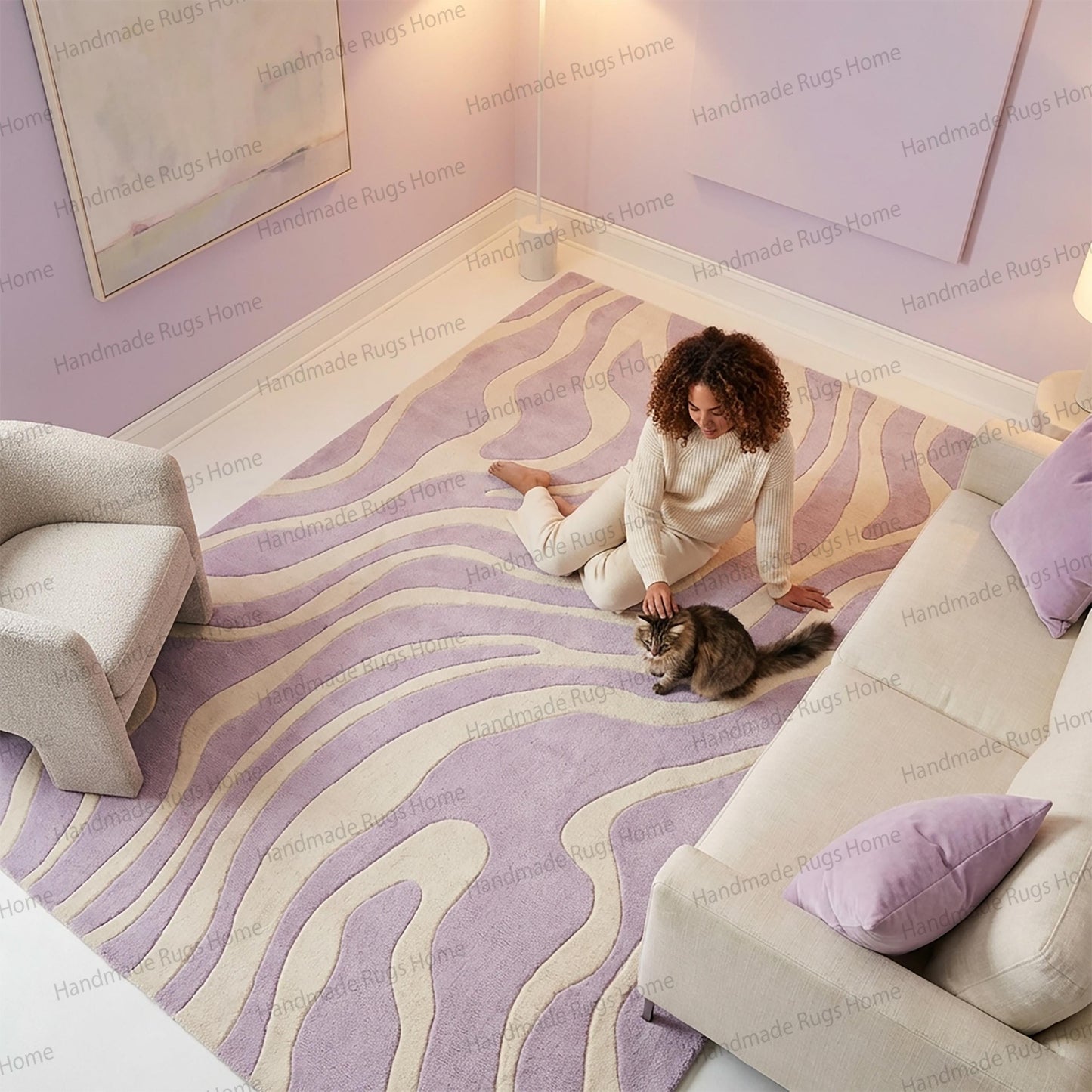 Hand Tufted Rug, Lavender Cream Modern Wool Rug