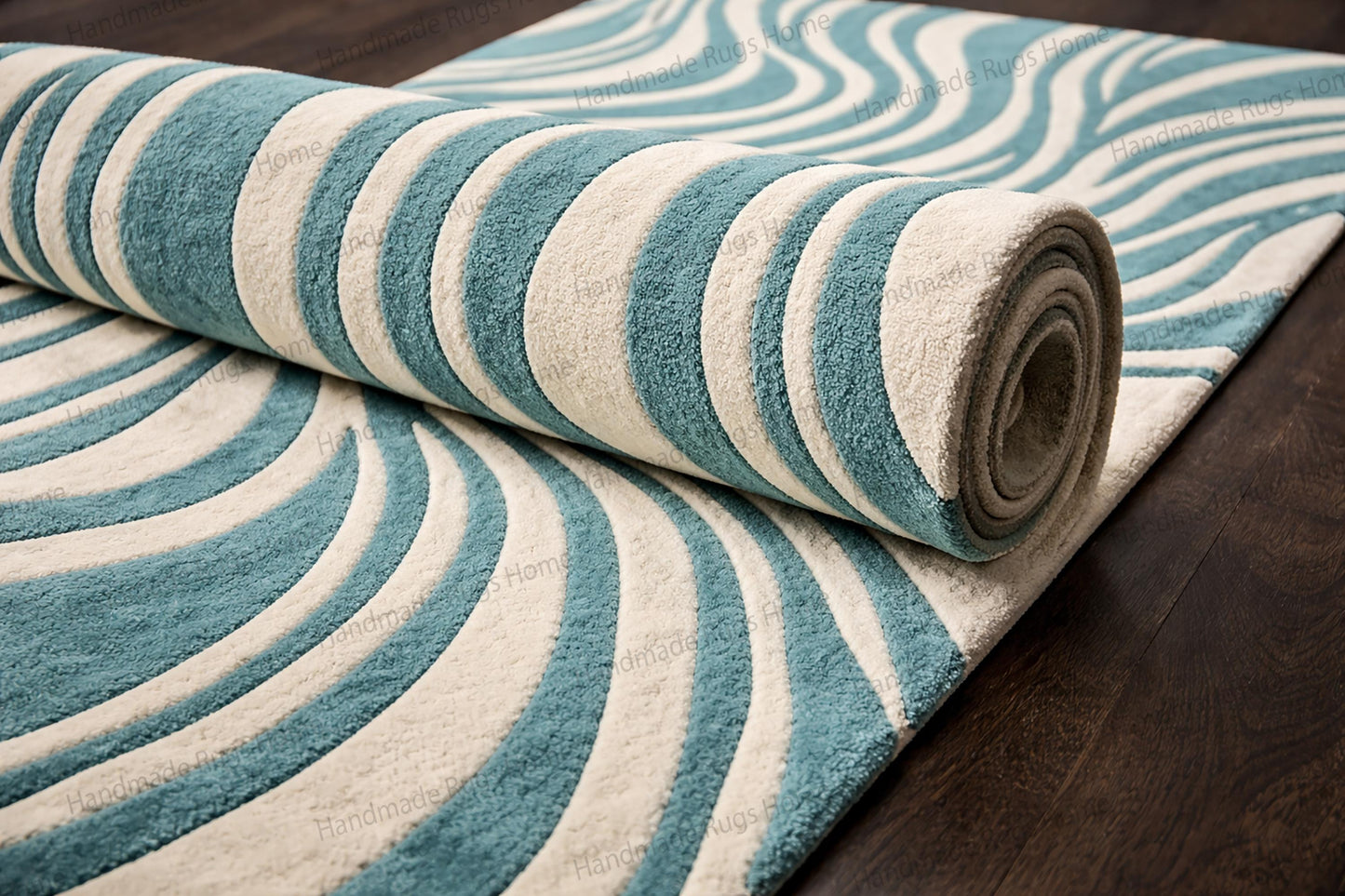 Hand Tufted Wool Rug, Blue Teal Abstract Wave Pattern, Modern Living Room Carpet