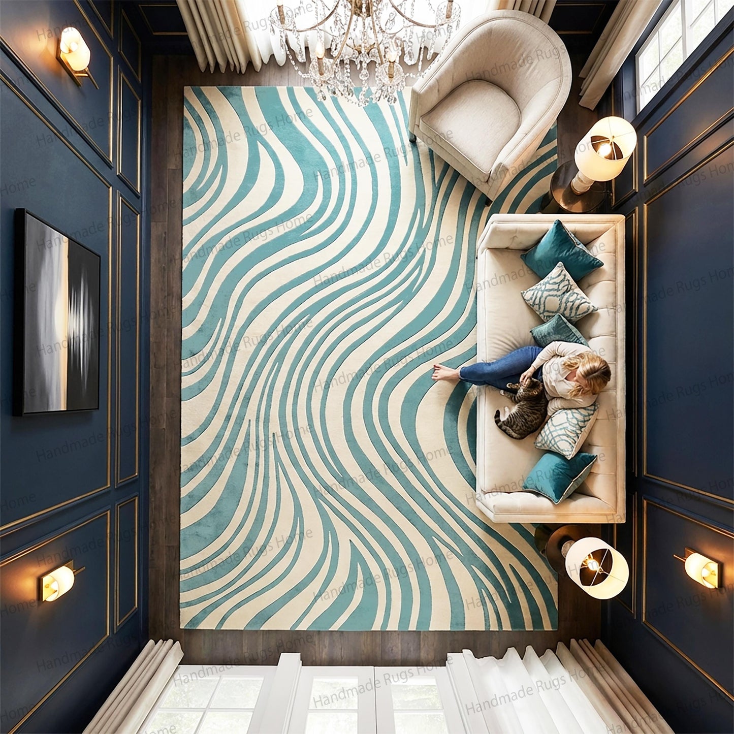 Hand Tufted Wool Rug, Blue Teal Abstract Wave Pattern, Modern Living Room Carpet