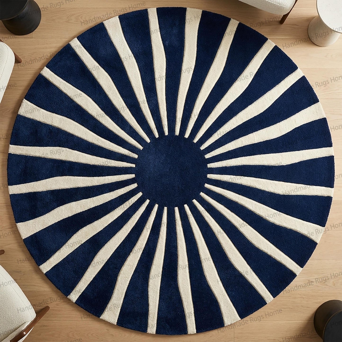 Round navy and cream sunburst hand tufted wool rug in luxury living room,

Royal blue circular area rug with porcelain radial stripes,

Modern sunburst patterned wool carpet styled in elegant interior,

Designer round rug beneath tufted ottoman and chandelier,

High end navy cream area rug on wooden parquet flooring,
