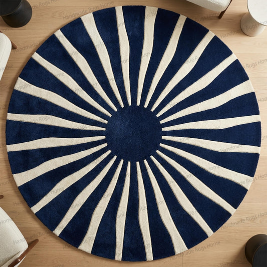 Round navy and cream sunburst hand tufted wool rug in luxury living room,

Royal blue circular area rug with porcelain radial stripes,

Modern sunburst patterned wool carpet styled in elegant interior,

Designer round rug beneath tufted ottoman and chandelier,

High end navy cream area rug on wooden parquet flooring,