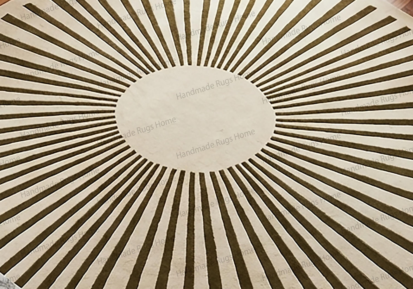 High density circular wool carpet with soft texture,

Modern minimalist round rug in olive and alabaster,

Luxury living room décor featuring sunburst floor accent,

Sophisticated green cream rug for designer homes,

Plush handmade wool circle carpet with striking symmetry,

Elegant statement rug for boutique style interiors,

Olive sun inspired radial pattern area rug