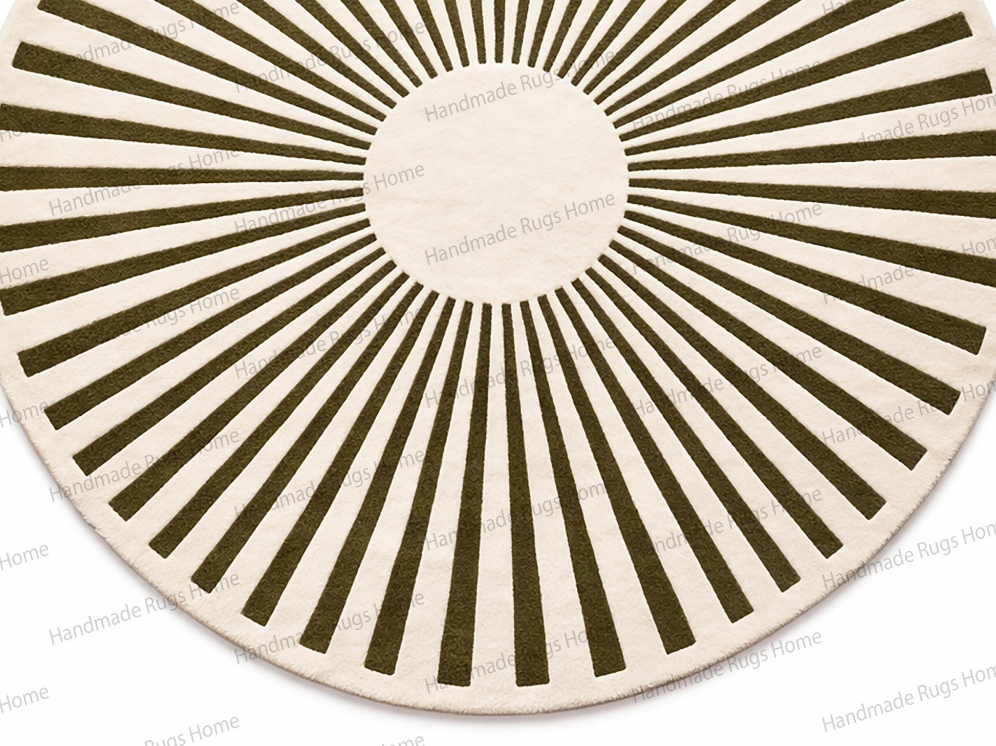 Designer moss green circle rug with clean background,

Premium handcrafted wool rug with geometric sun design