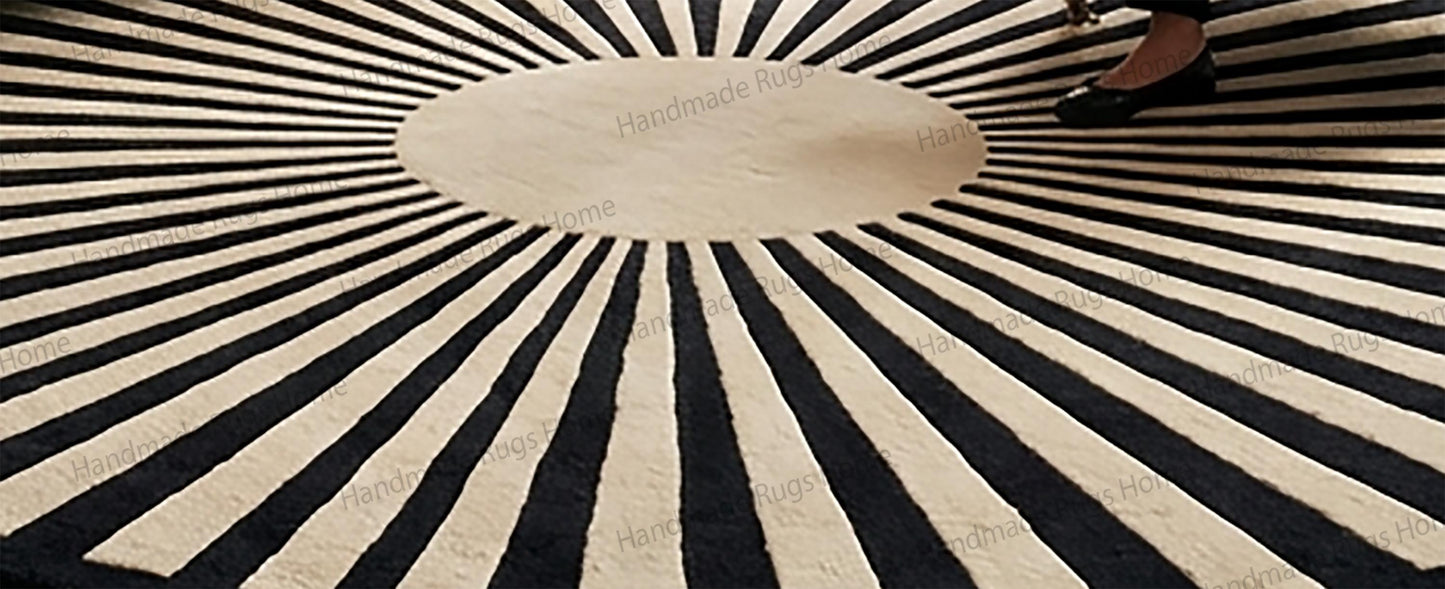 Luxury apartment styled with round statement carpet,

Artistic geometric wool rug with bold contrast