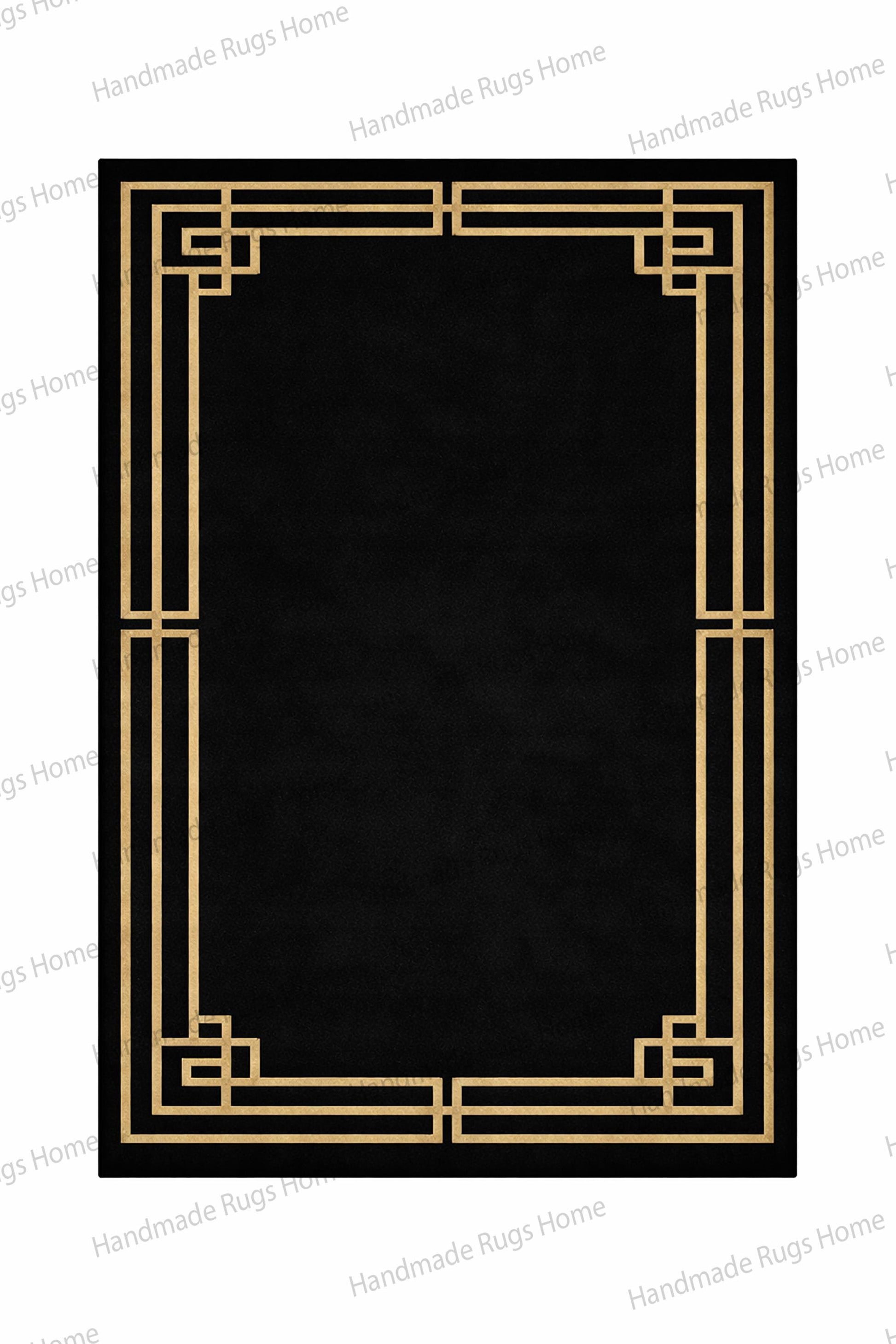 Black hand tufted wool rug with antique gold Greek key border,

Luxury Art Deco inspired area rug for modern living room,

Elegant black and gold geometric designer carpet,

Premium wool statement rug with framed border pattern,

Contemporary Greek key black area rug for upscale interiors,

Handmade luxury wool carpet with metallic gold detailing