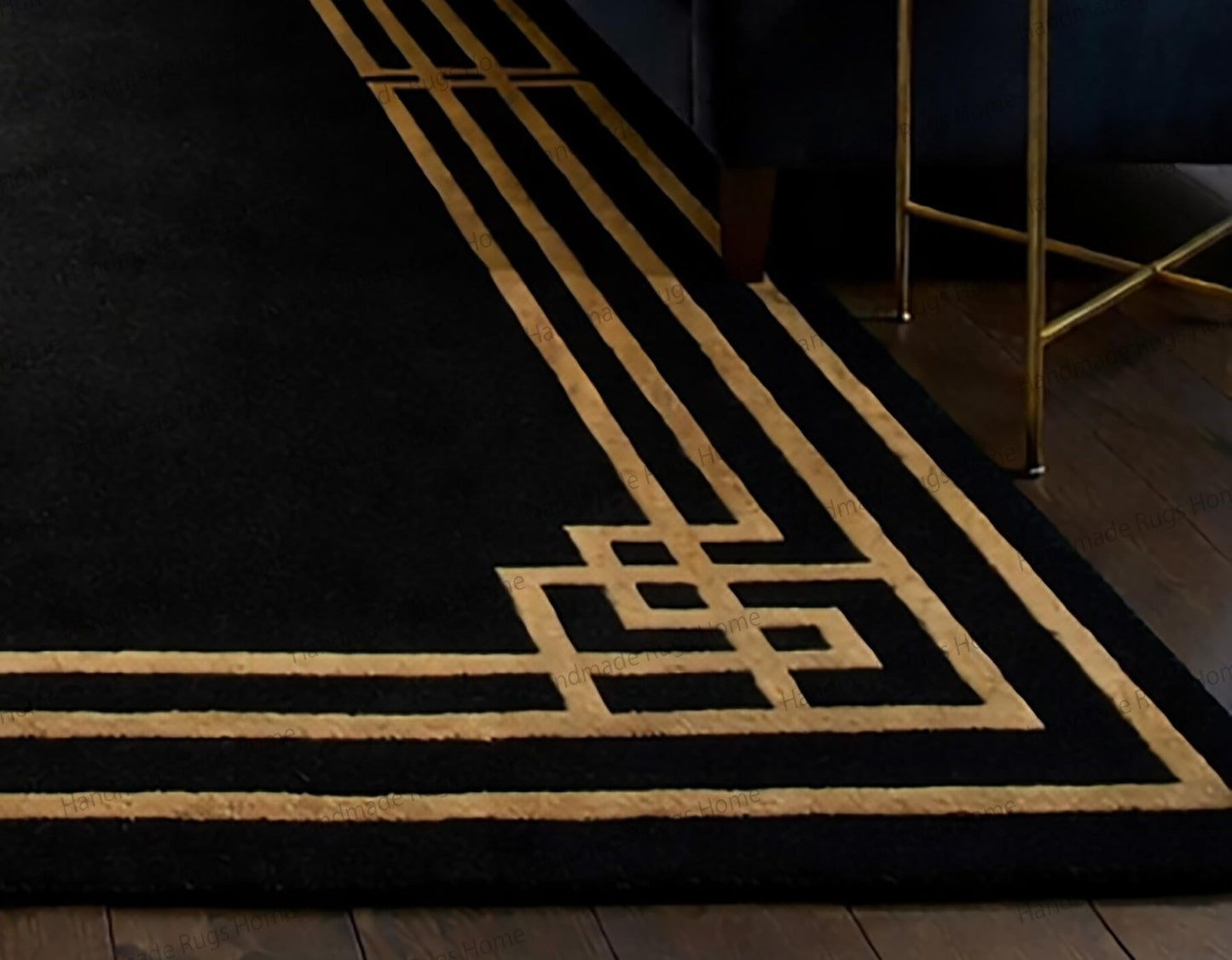Elegant geometric border carpet for formal lounge,

Plush black wool rug with structured gold outline,

Art Deco inspired black statement floor piece,

Custom size luxury wool rug in dramatic dark tone