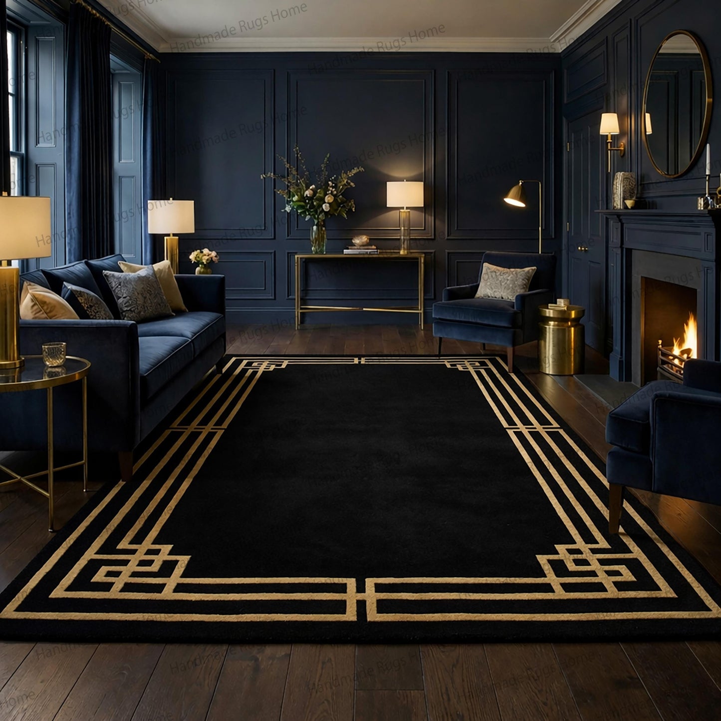 Contemporary black carpet with golden frame motif,

Handcrafted wool rug with bold architectural border,

Luxury interior accent rug in deep midnight shade,

Decorative Greek key pattern area rug for modern home,

Premium black wool floor décor with elegant gold accents