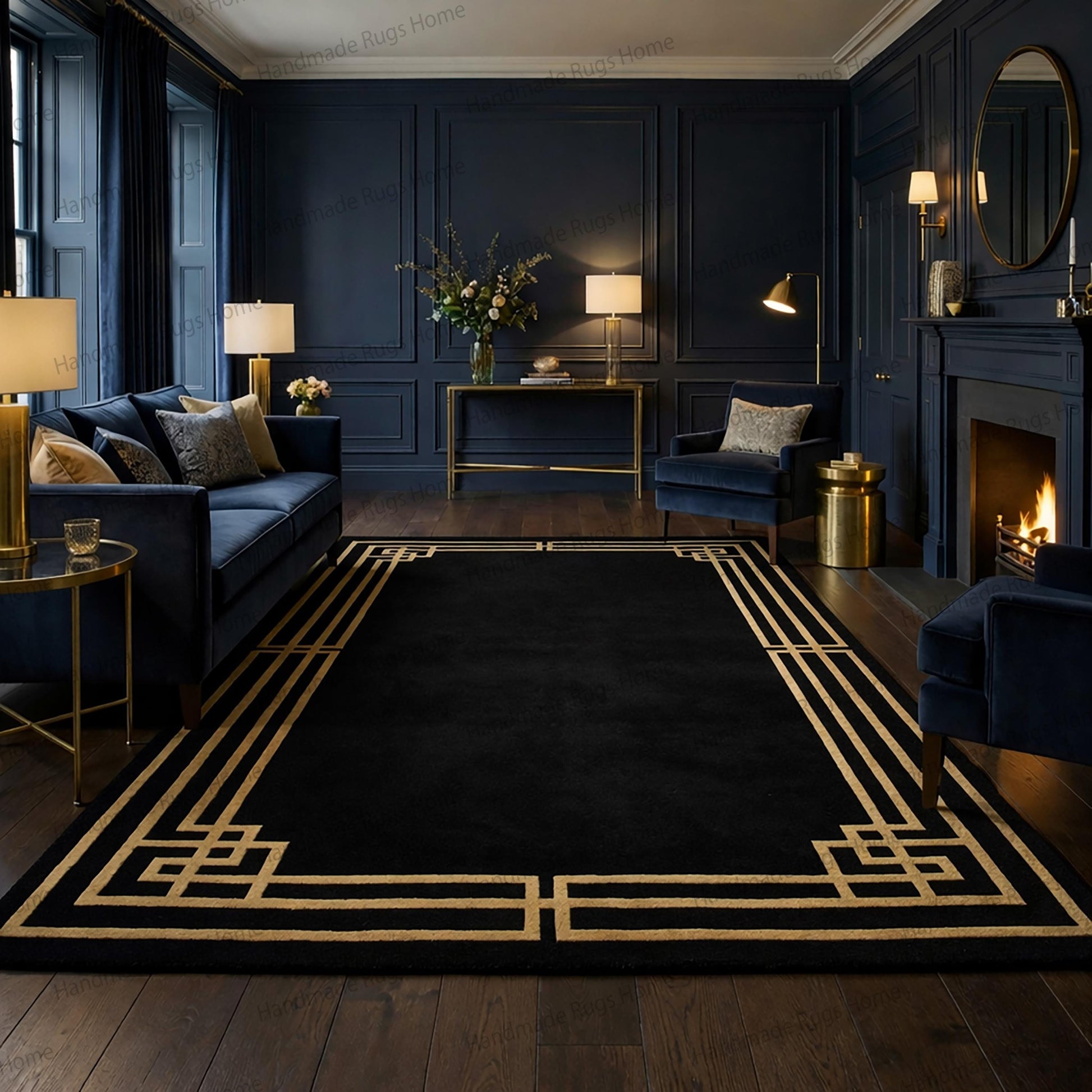 Contemporary black carpet with golden frame motif,

Handcrafted wool rug with bold architectural border,

Luxury interior accent rug in deep midnight shade,

Decorative Greek key pattern area rug for modern home,

Premium black wool floor décor with elegant gold accents