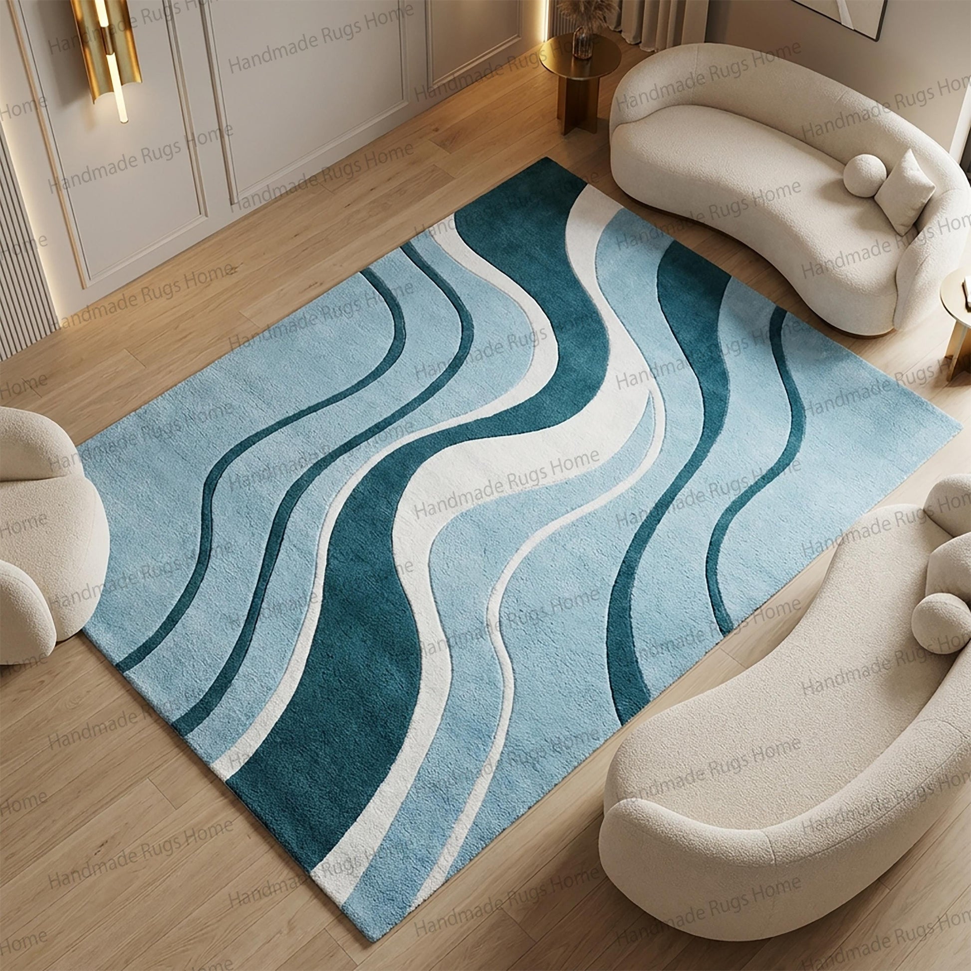 Teal and sky blue designer statement rug,

Premium quality wool rug with flowing pattern,

Large modern living room area rug,

Elegant abstract carpet for luxury interior,

Aqua teal wave patterned handmade rug,

High end contemporary wool floor decor